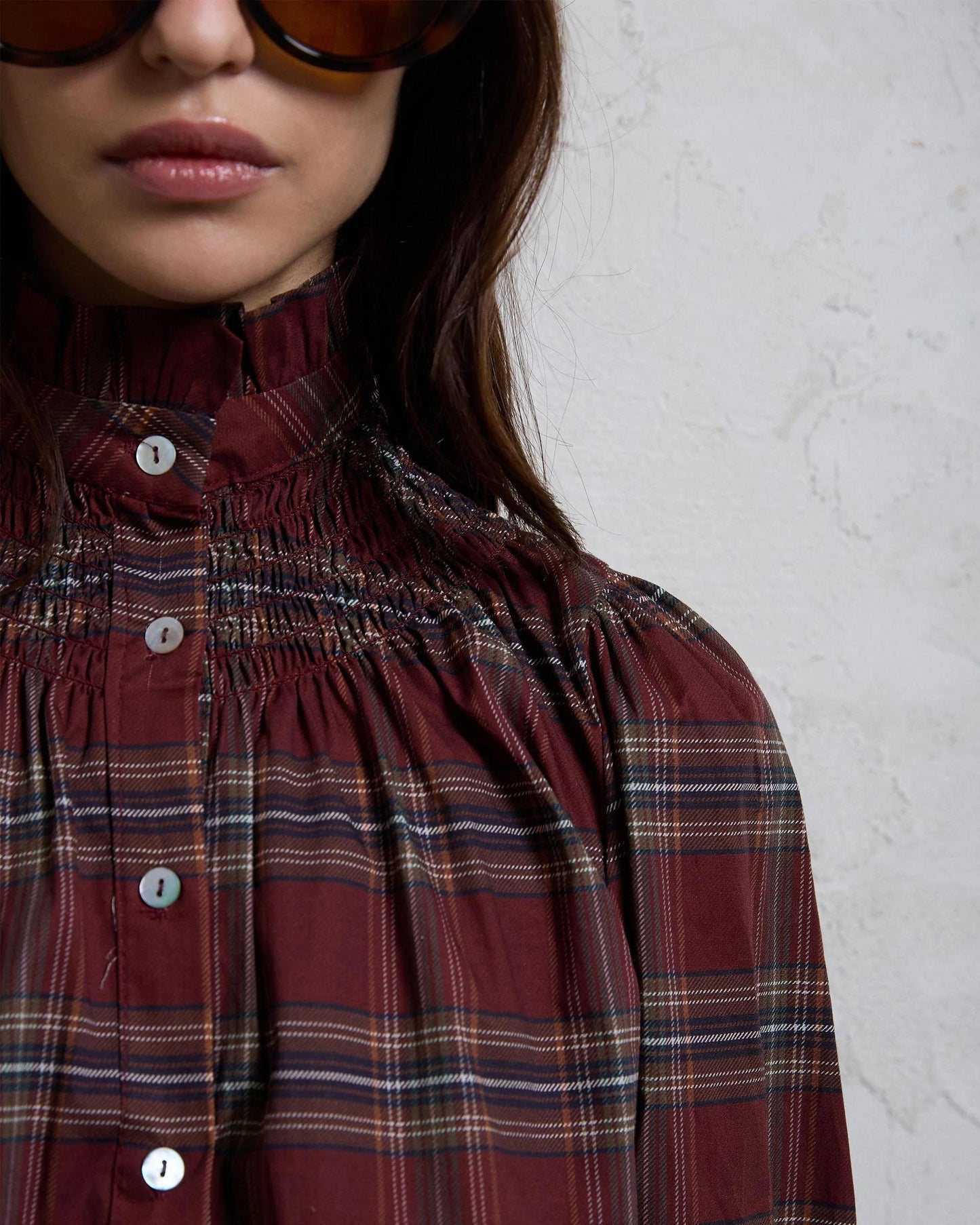 Blusa Nido De Abeja Cuello Cuadros Granate