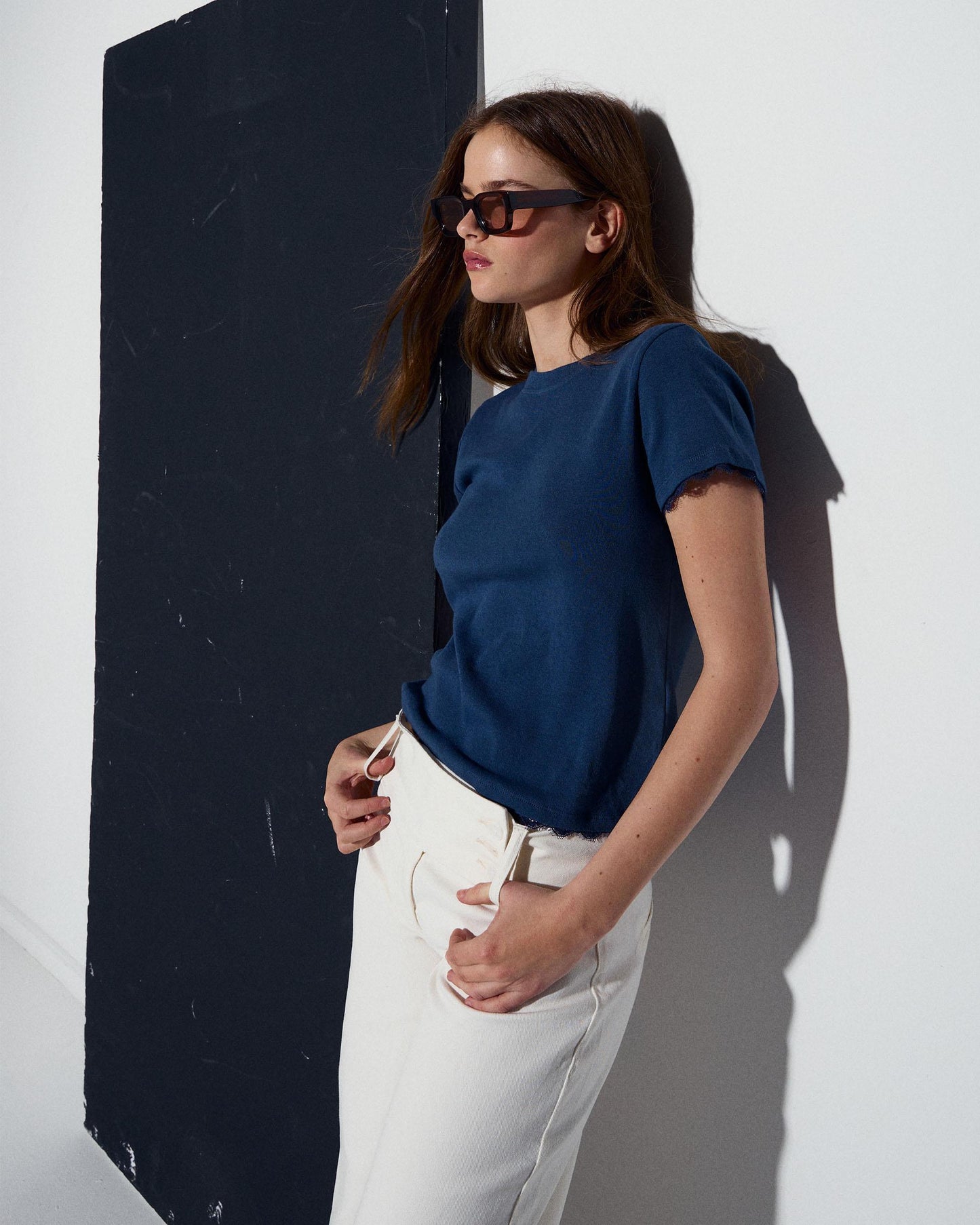 Camiseta Manga Corta Puntillas Azul