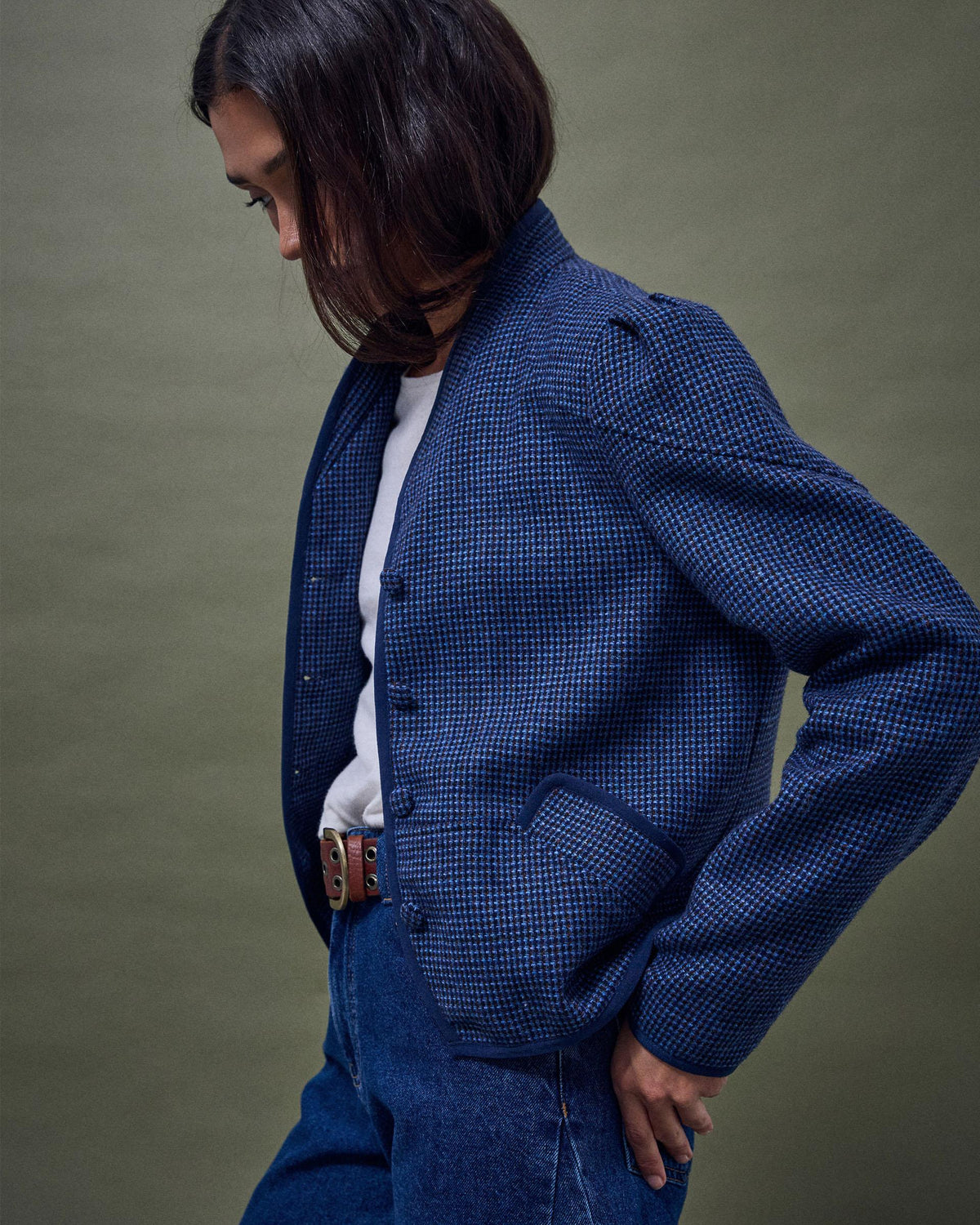 Chaqueta Ribete Contraste Mezcla Lana Azul