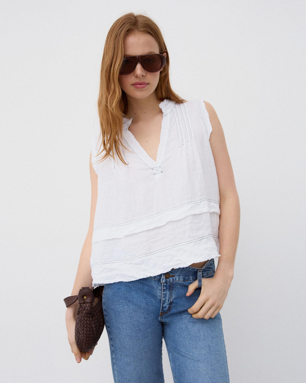 Blusa Linho Costuras Contraste Branca