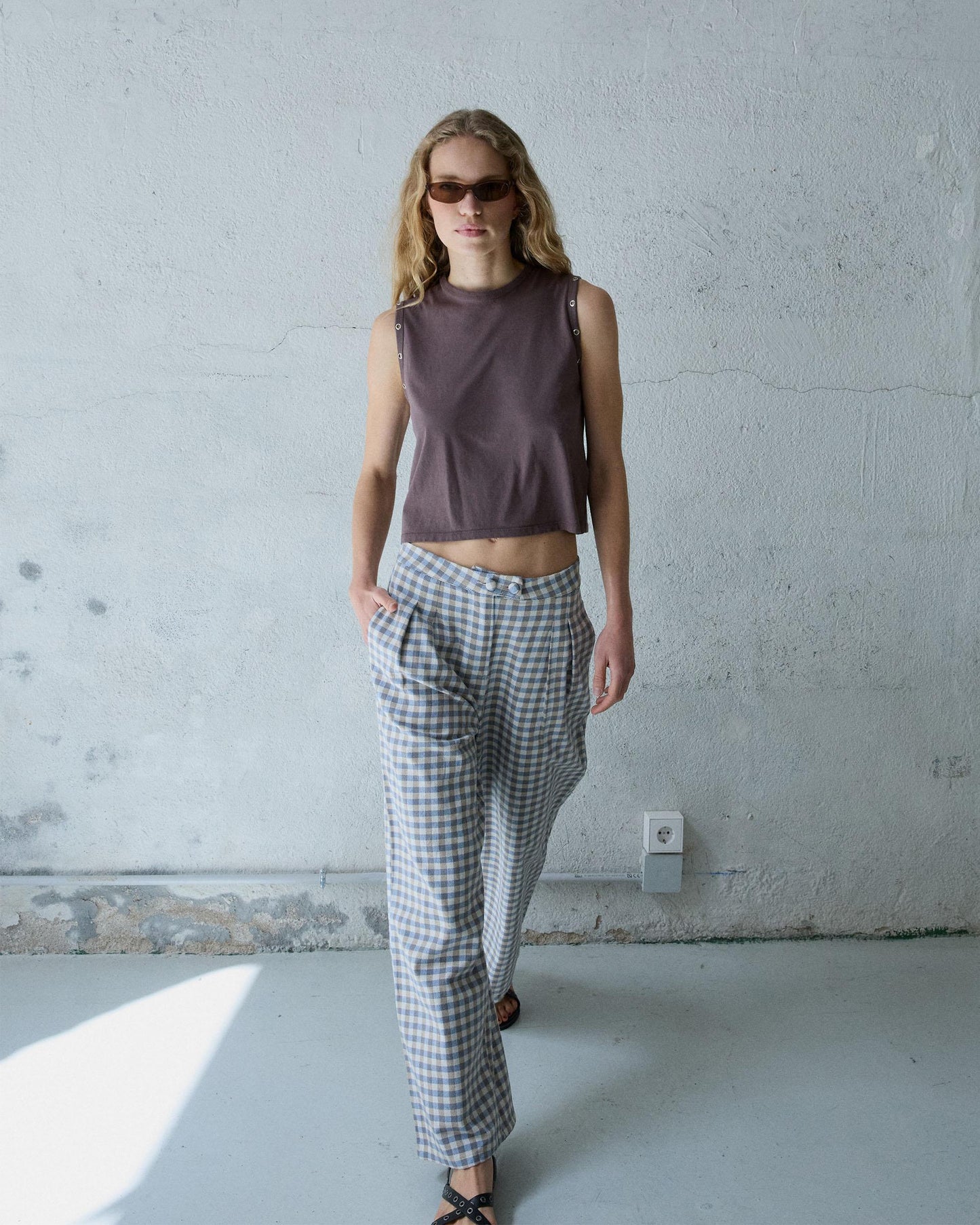 Pantalón Wide Leg Pinzas Cuadros Vichy Azul