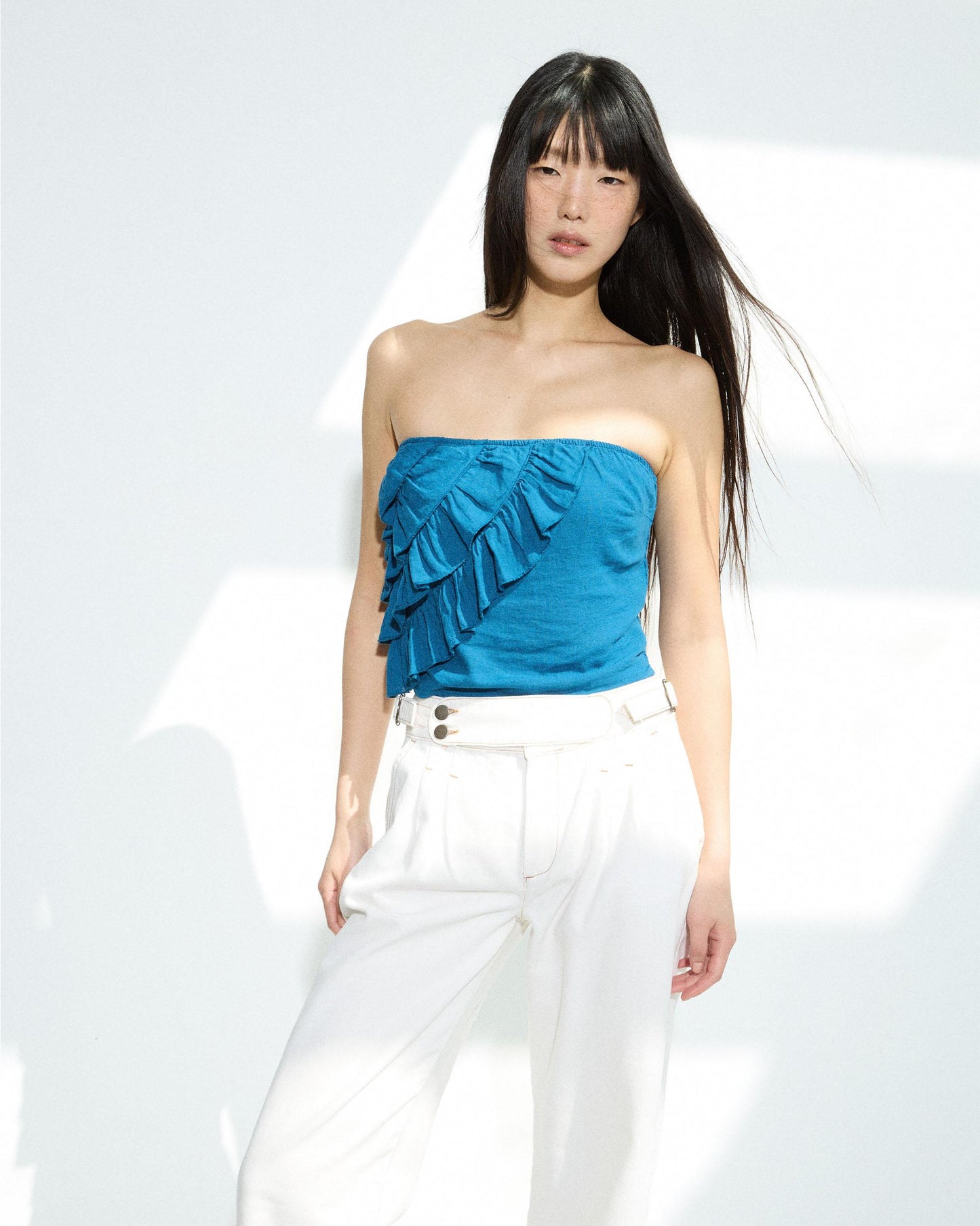 Blue Ruffle Bandeau Top
