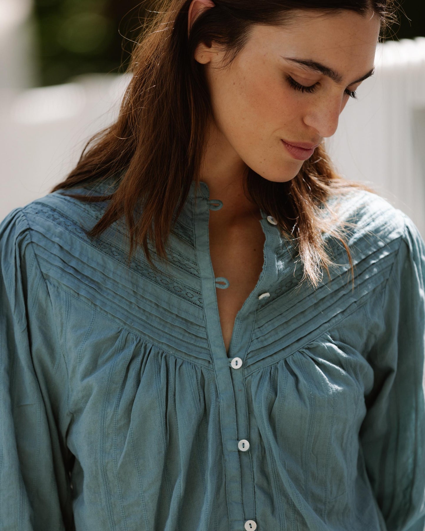 Blouse Tissu Rayures Dentelles Vert D’eau