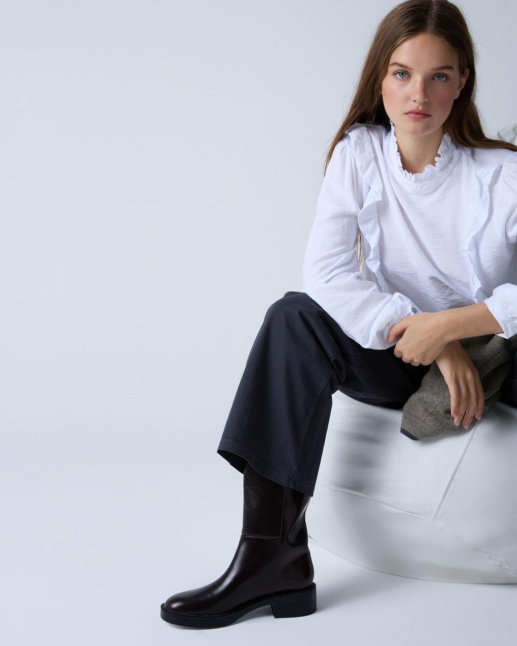 White Blouse with Side Ruffles and Collar