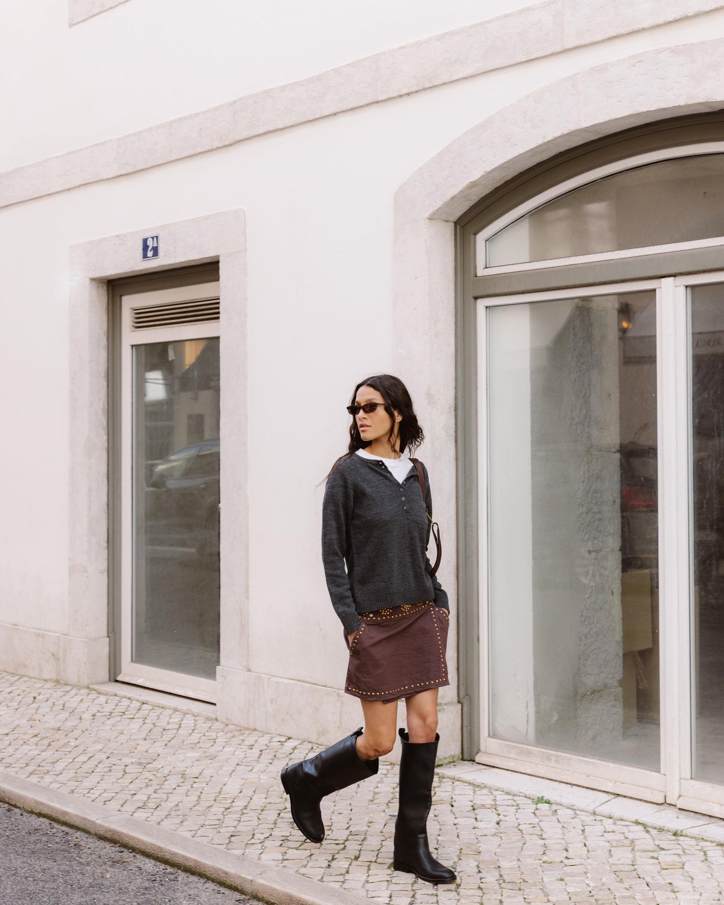 Brown Canvas Studded Mini Skirt