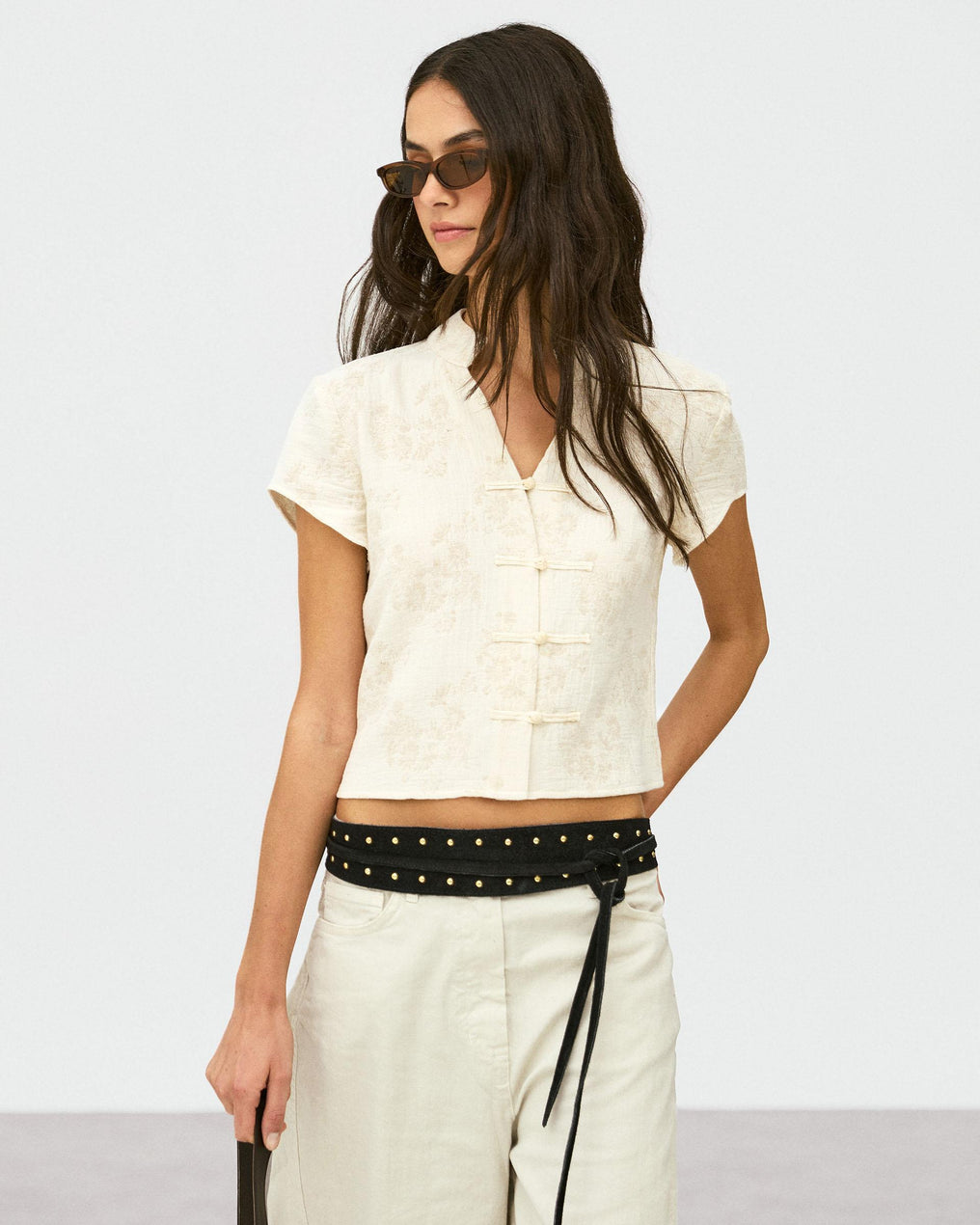 Top Jacquard Imprimé Floral Écru