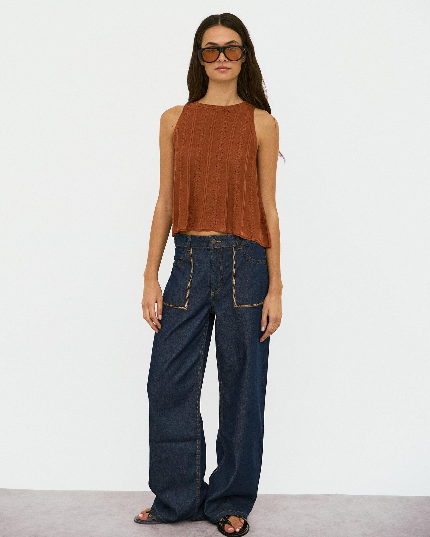 Jeans Poches Surpiqûres Contrastant Bleu Foncé
