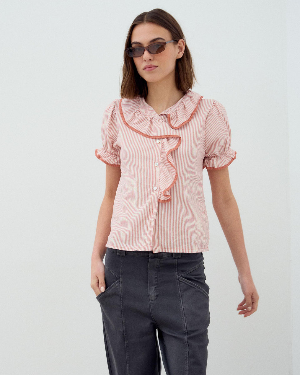 Orange Trim Ruffle Side Shirt