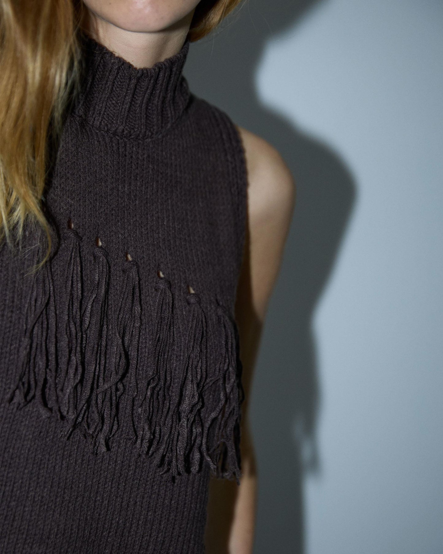 Brown Fringed Knit Vest