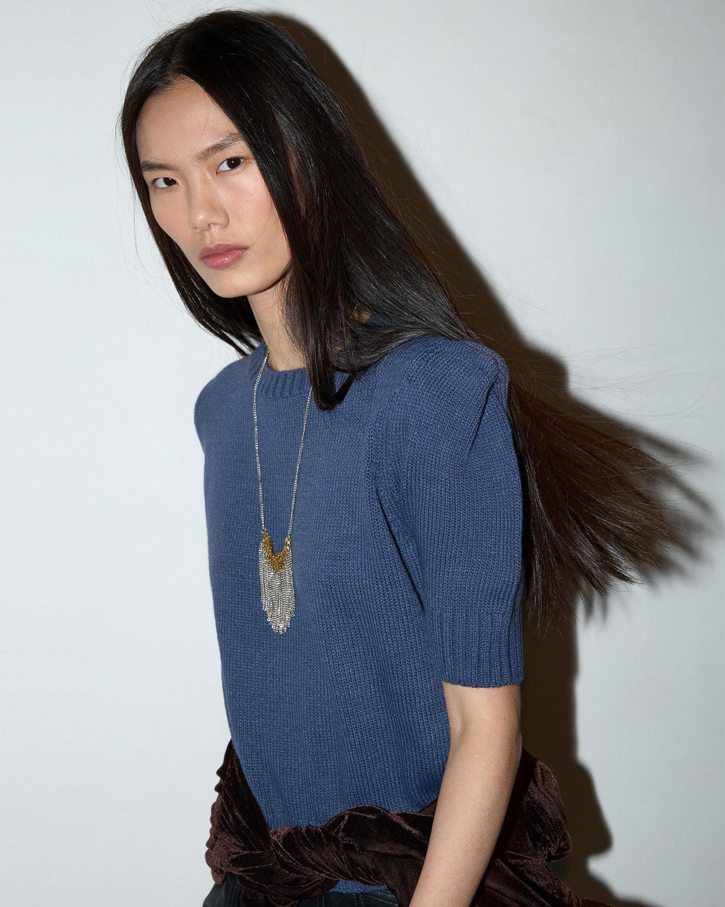 Dark Blue Knit Top with Shoulder Pads