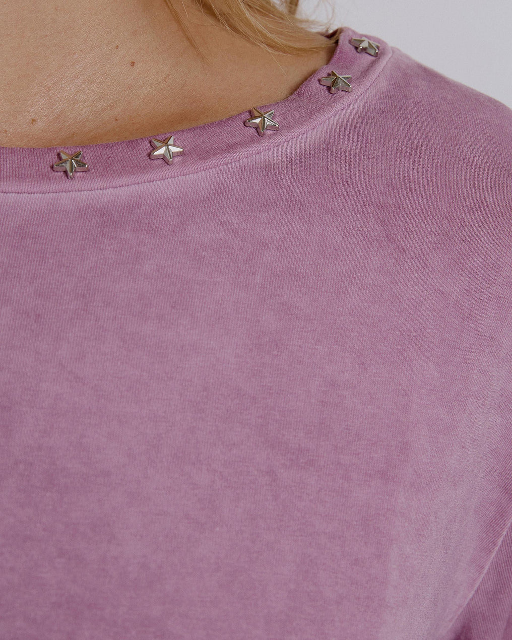Long Sleeve T-Shirt with Studs and Stars and Pink Neck