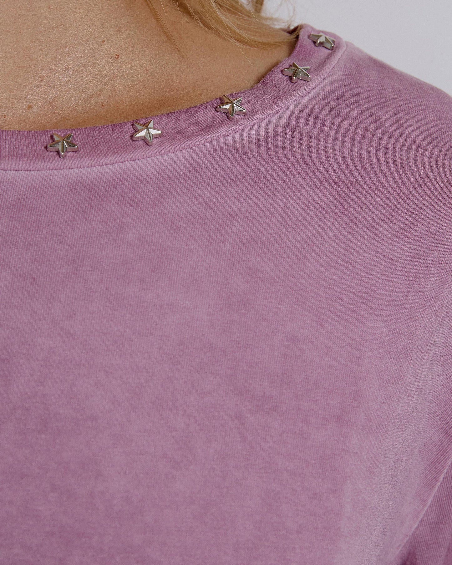Long Sleeve T-Shirt with Studs and Stars and Pink Neck