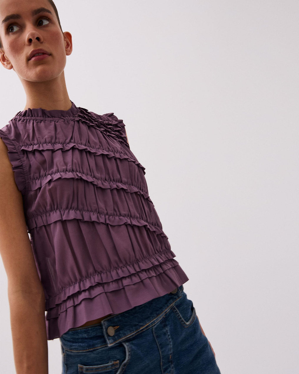 Top Violet sans Manches à Volants Diagonaux
