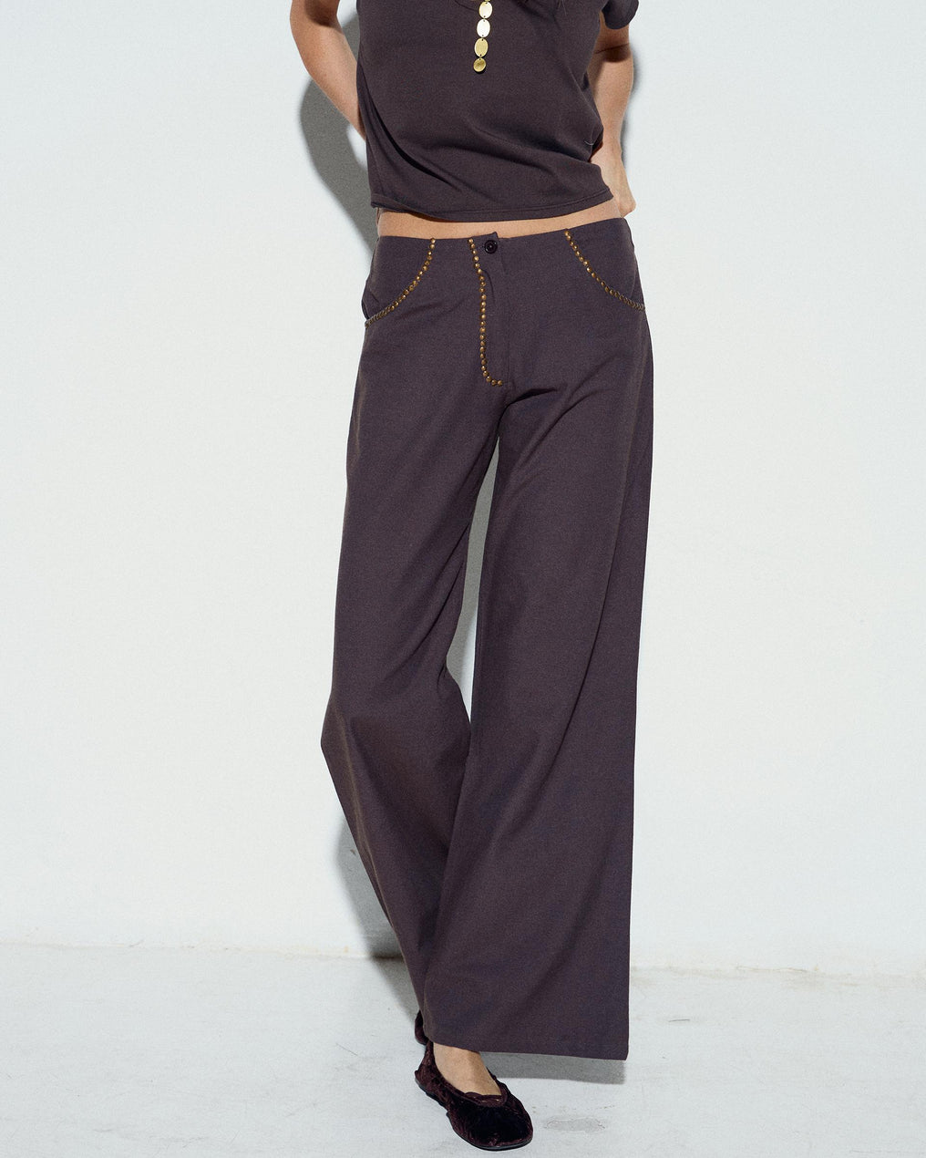 Brown Studded Flowy Trousers