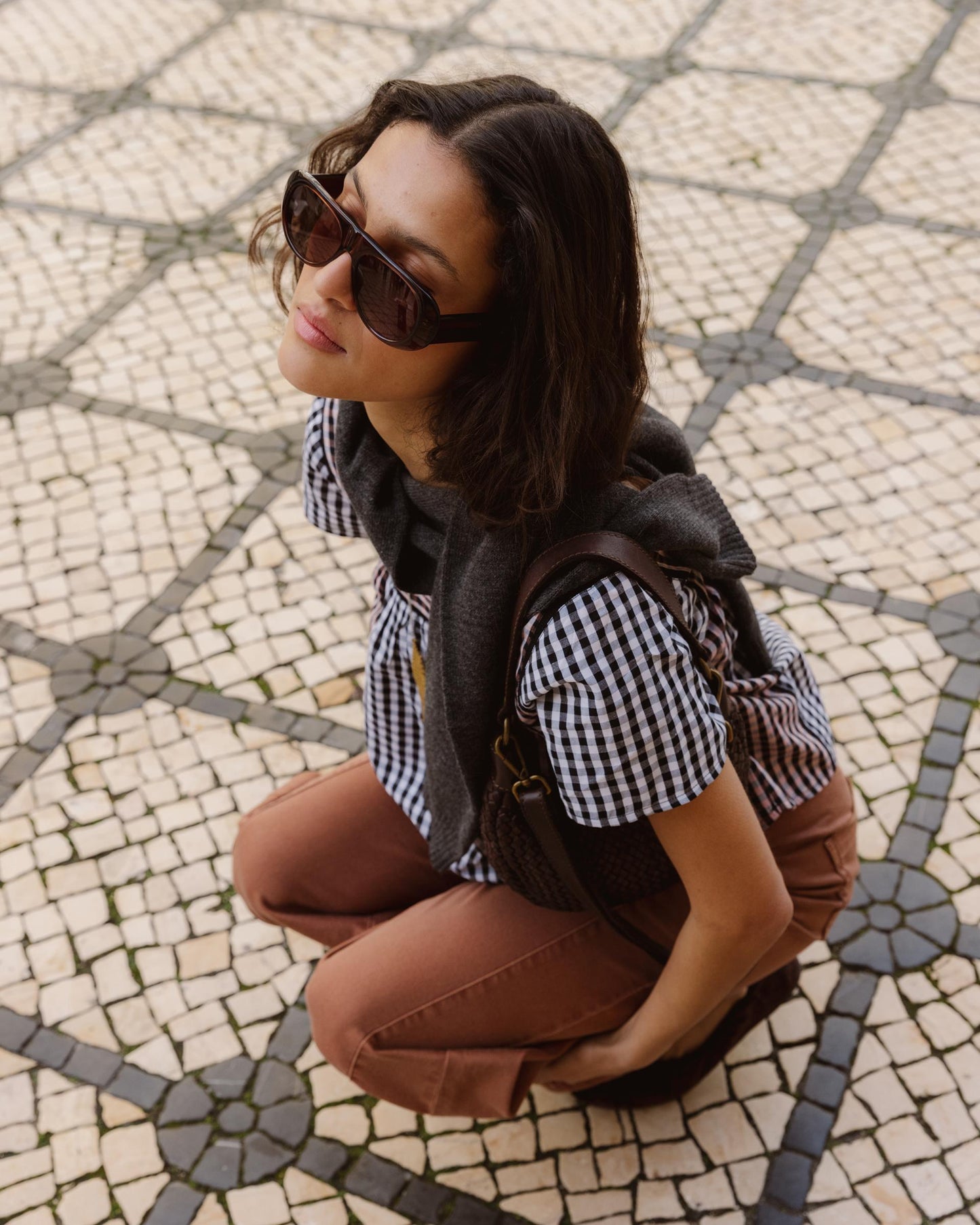 Gingham Blouse with Black Contrast