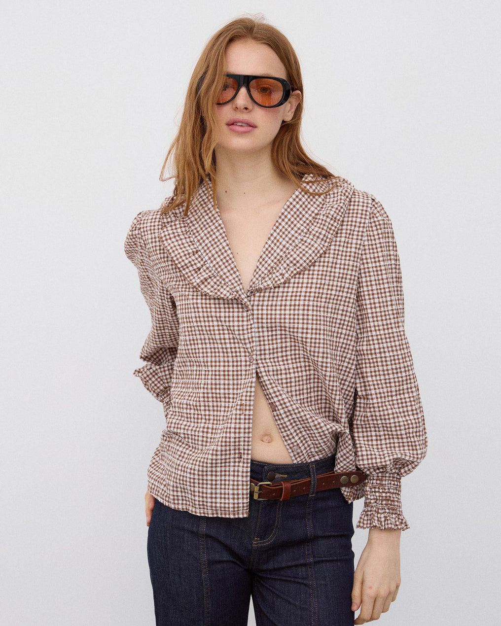 Blusa Folho Gola Vichy Castanho