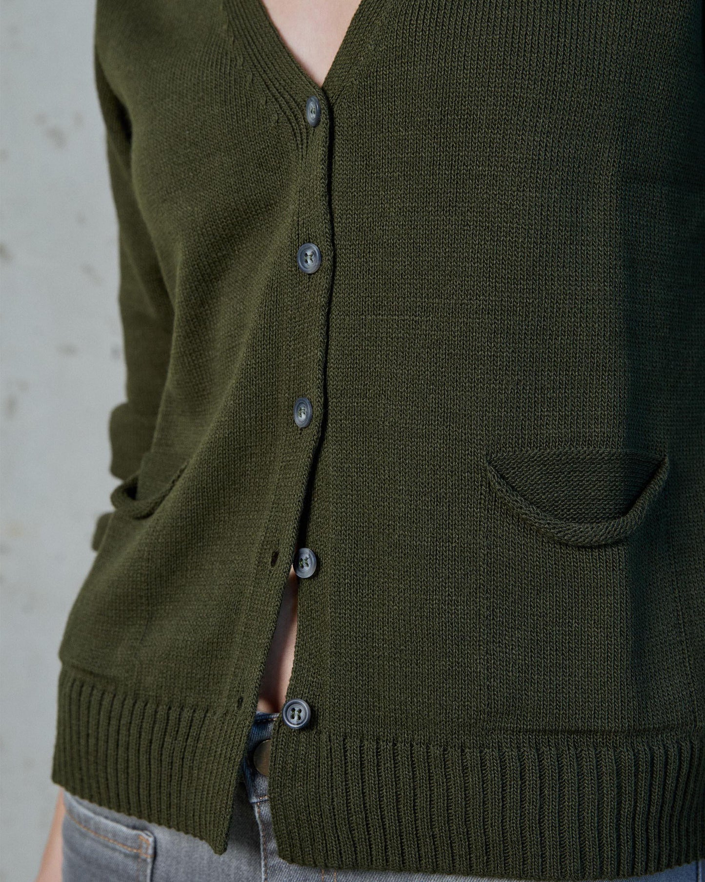 Military Green V-Neck Jacket with Pockets