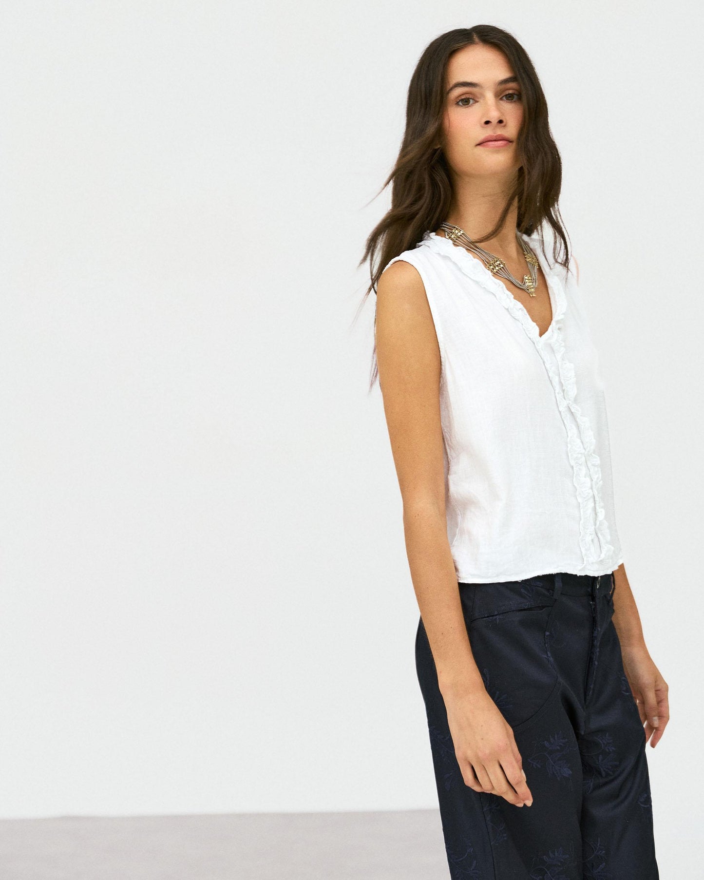 Top Décolleté en V Volants Lin Blanc