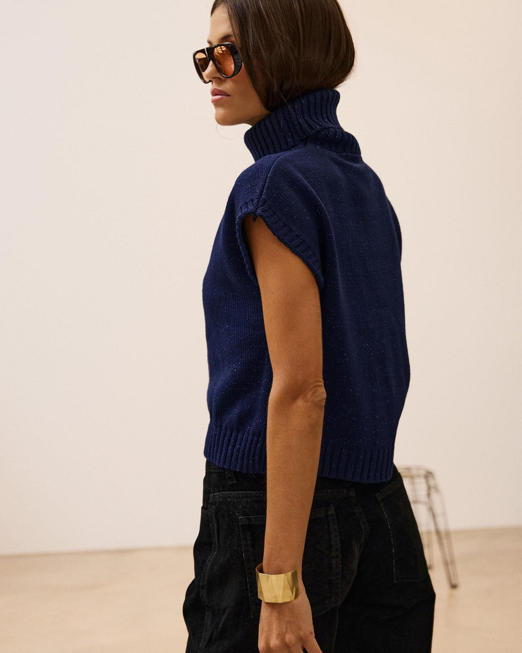 Chaleco Cuello Vuelto Lurex Azul Marino