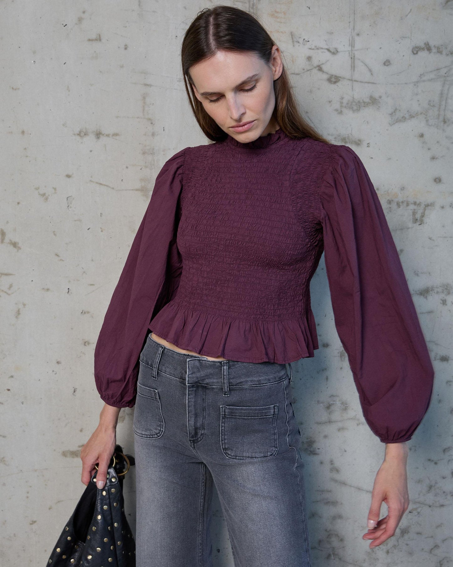 Purple Honeycomb Blouse with Puff Sleeves