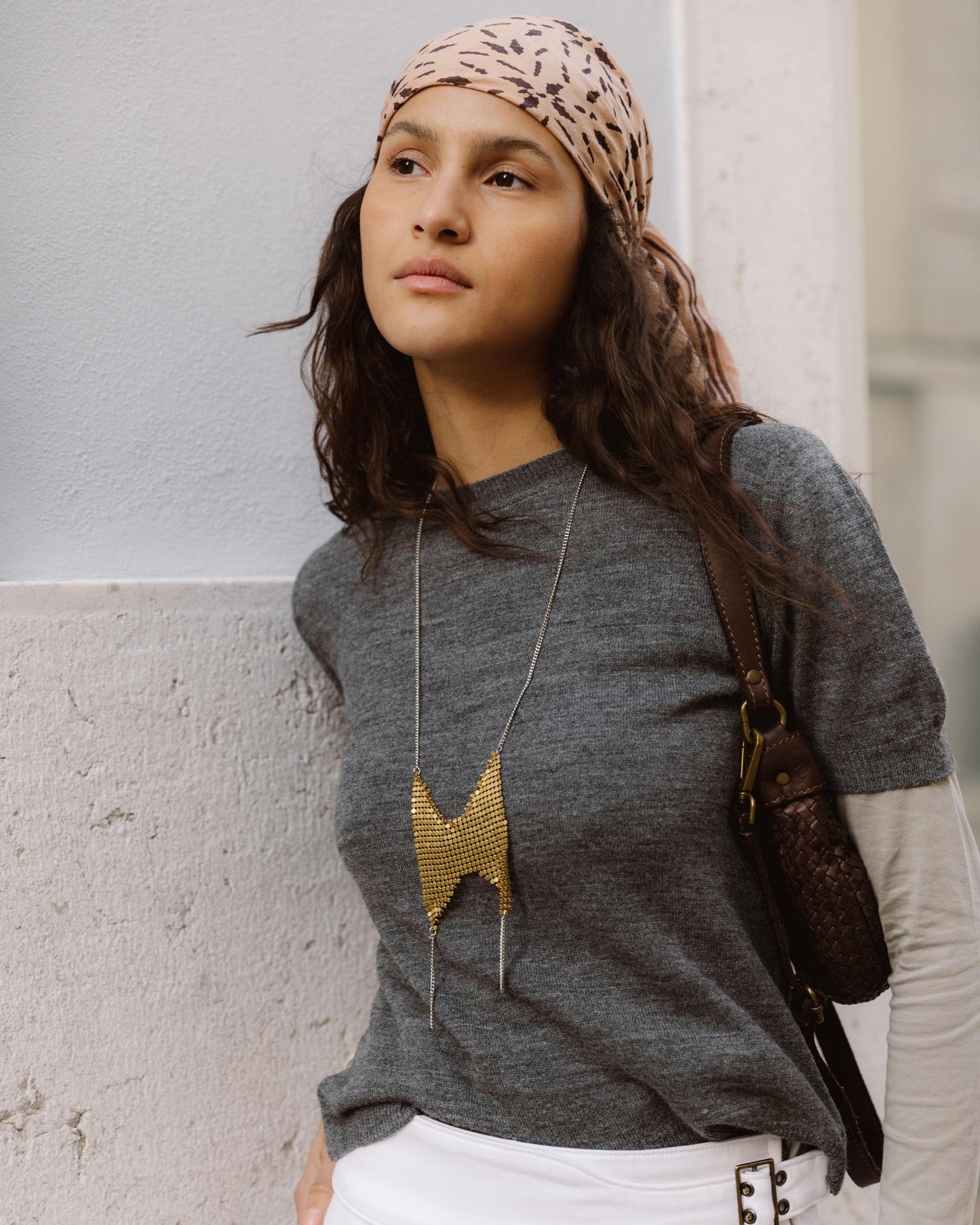 Top Malha Fina Manga Curta Cinzento