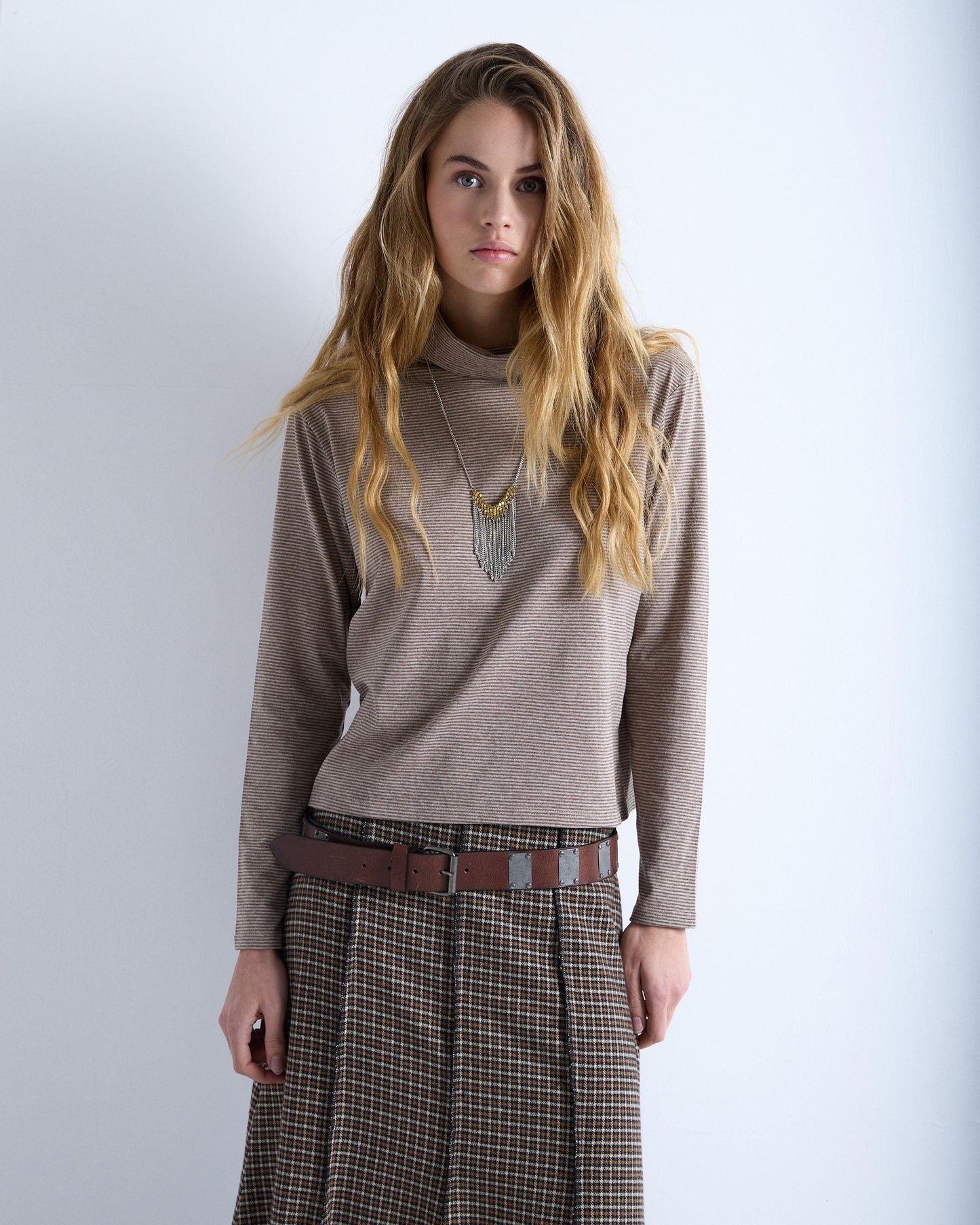 Long Skirt with Checkered Print in Brown