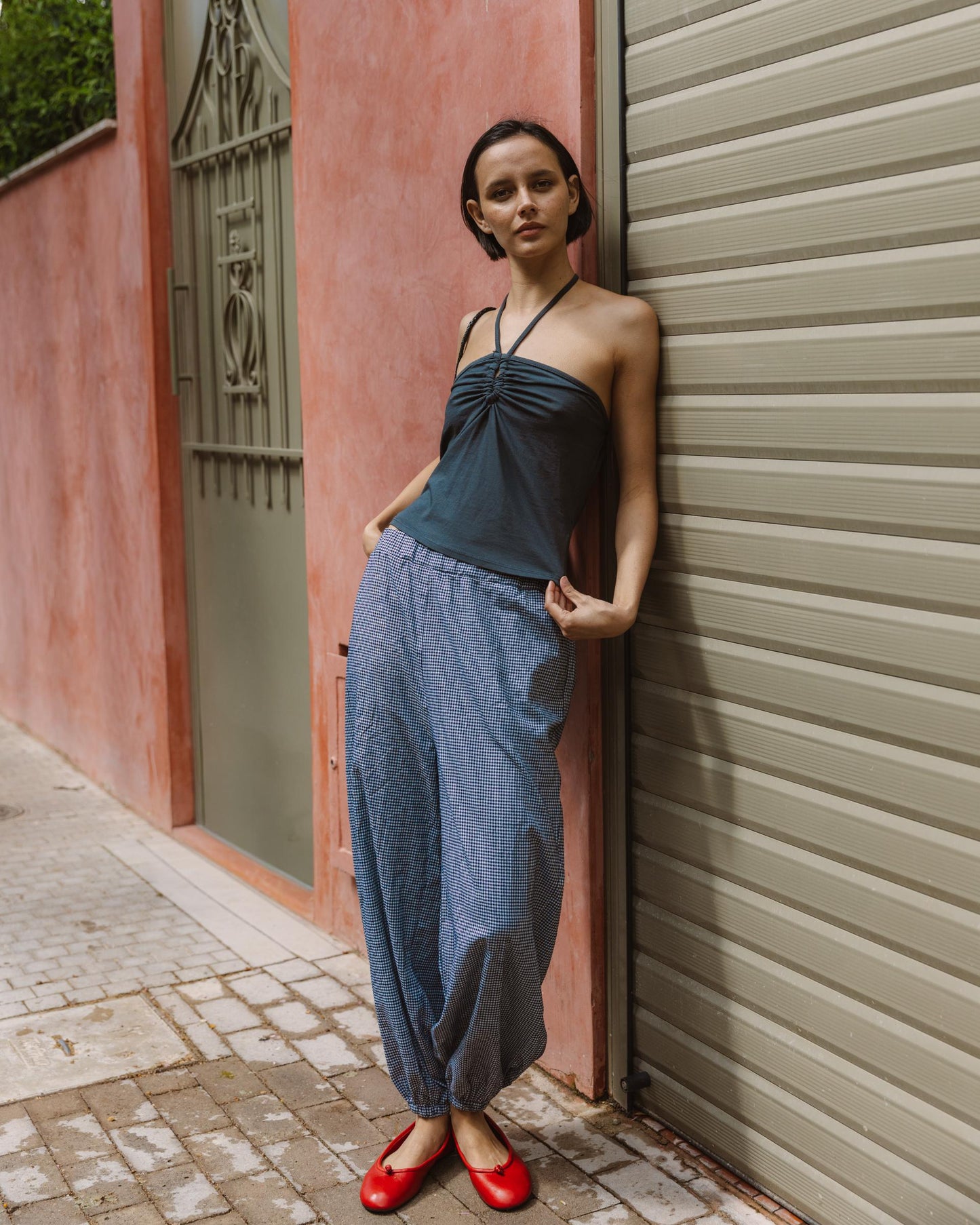 Pantalón Bombacho Cuadros Vichy Azul Oscuro