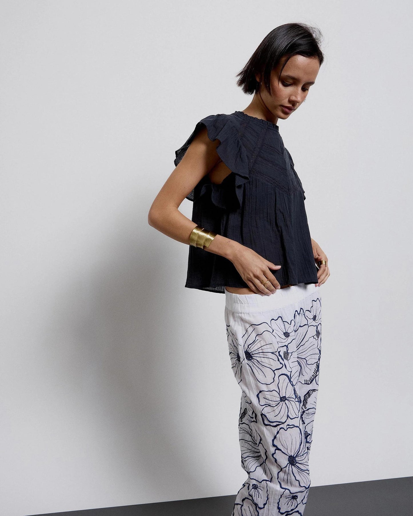 Blouse Short Sleeve Ruffles Lace Anthracite