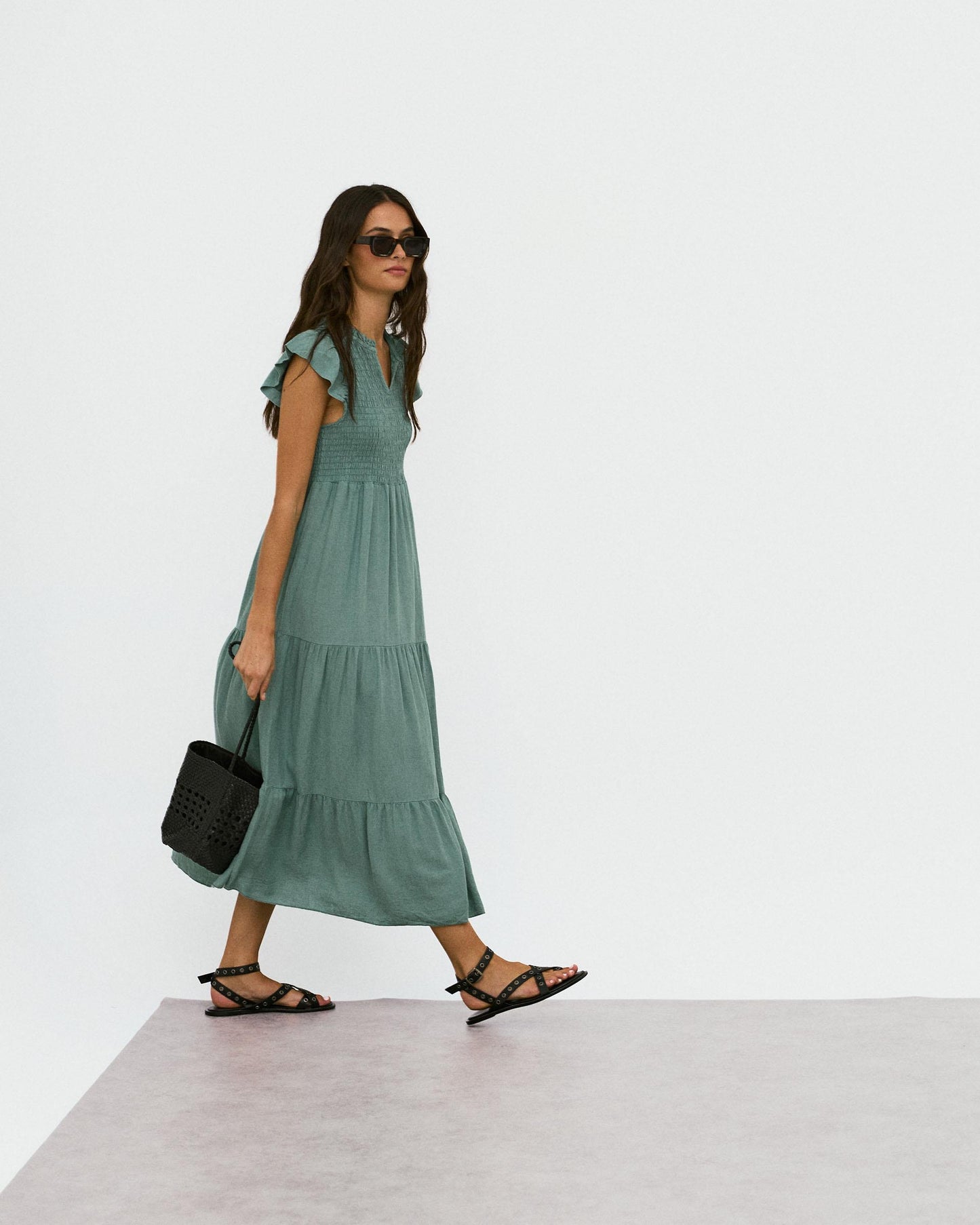 Vestido Largo Lino Nido De Abeja Verde Agua