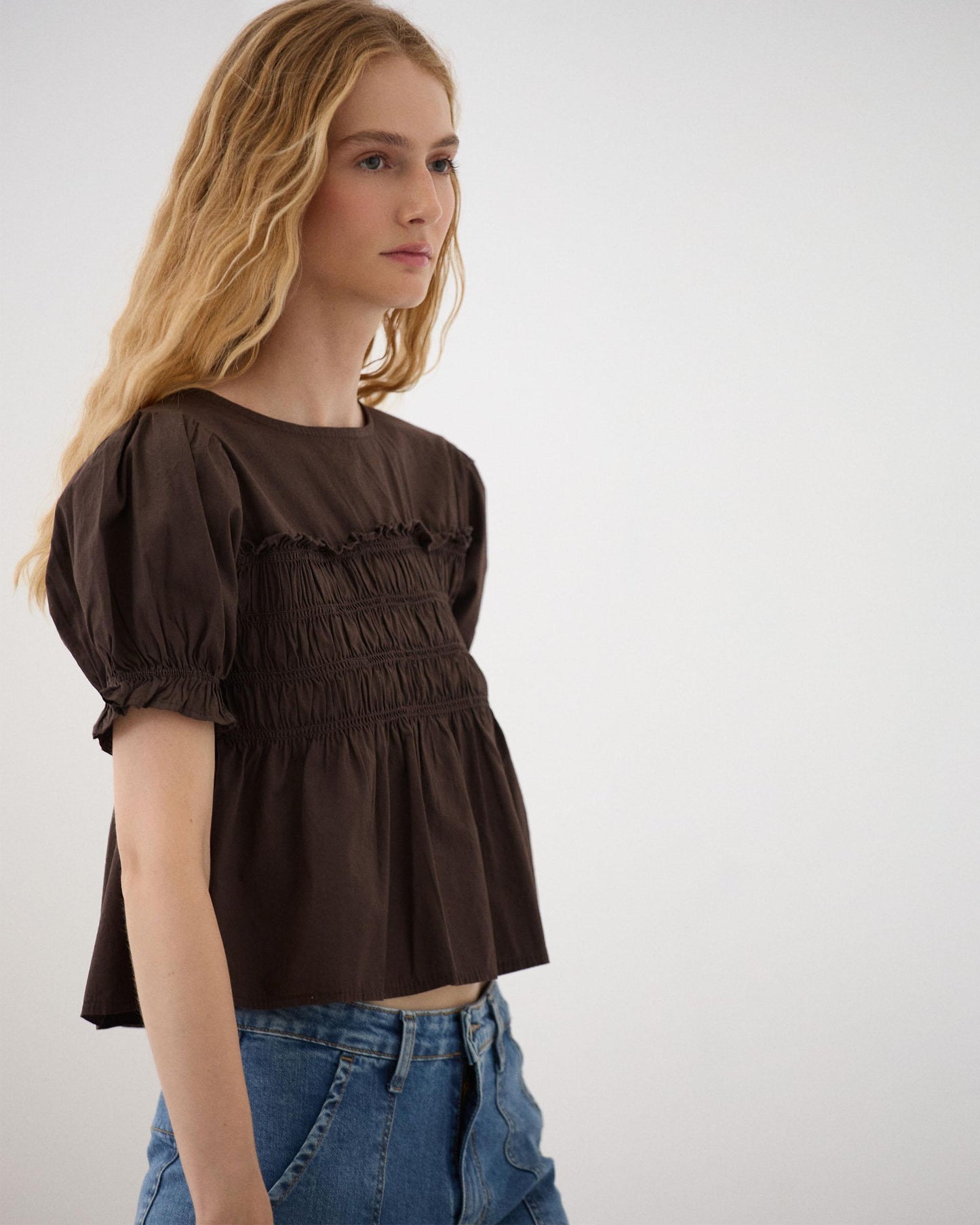 Puff Sleeve Smocked Blouse Brown