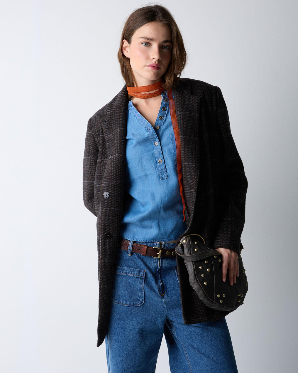 Abrigo Cuadros Solapa Mezcla Lana Marrón