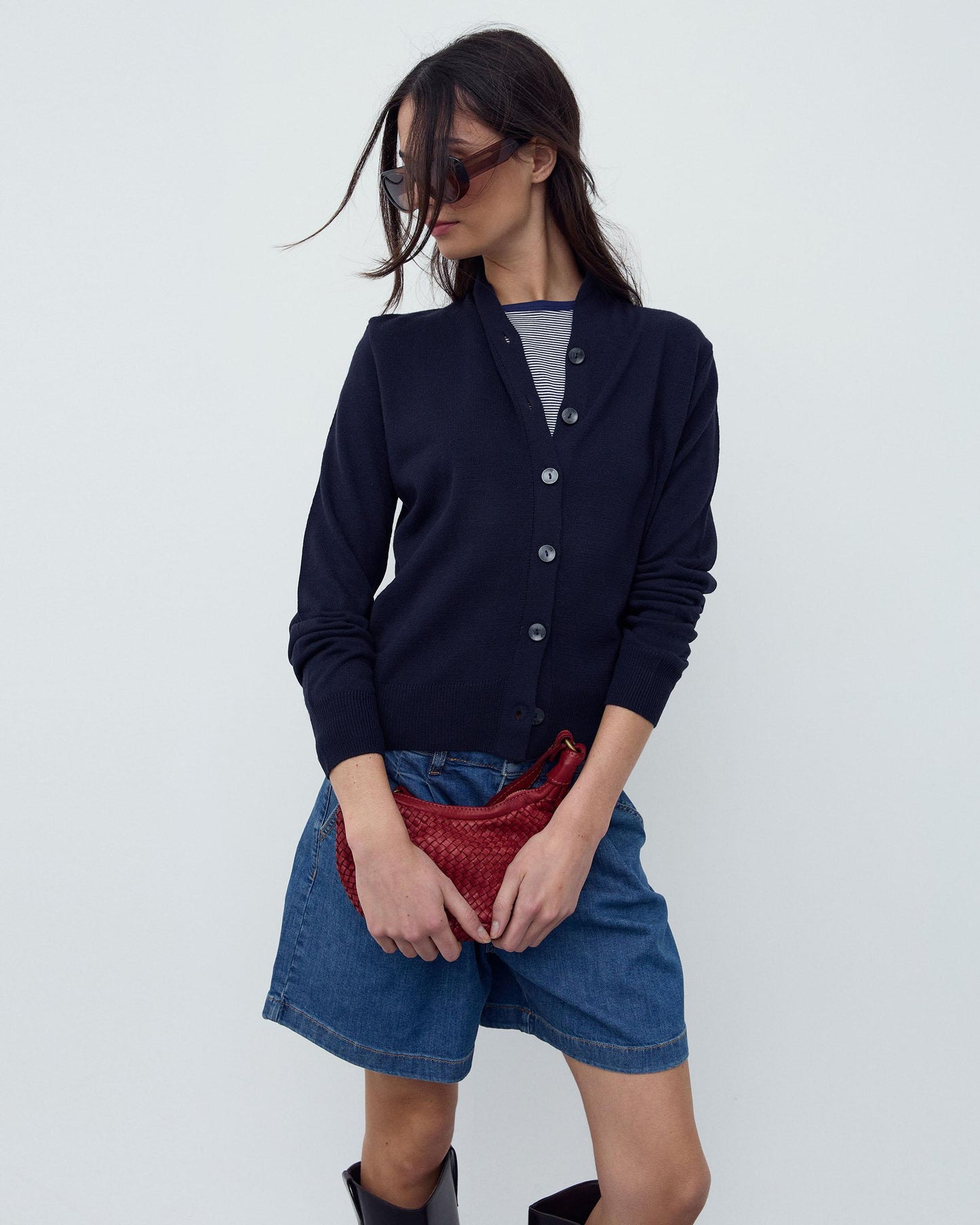 Chaqueta Punto Cuello Subido Pico Azul Marino