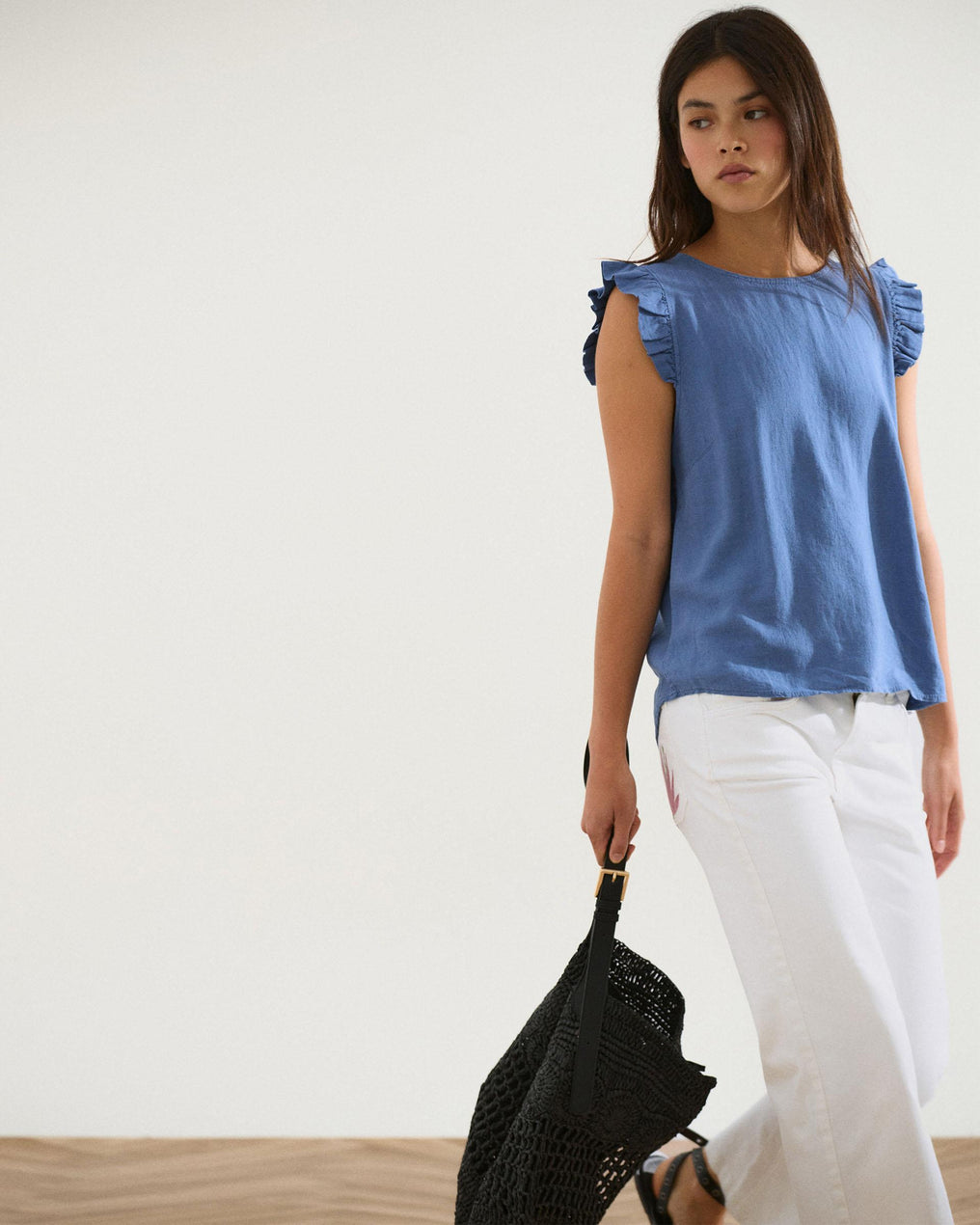 Blue Linen Back Button Top