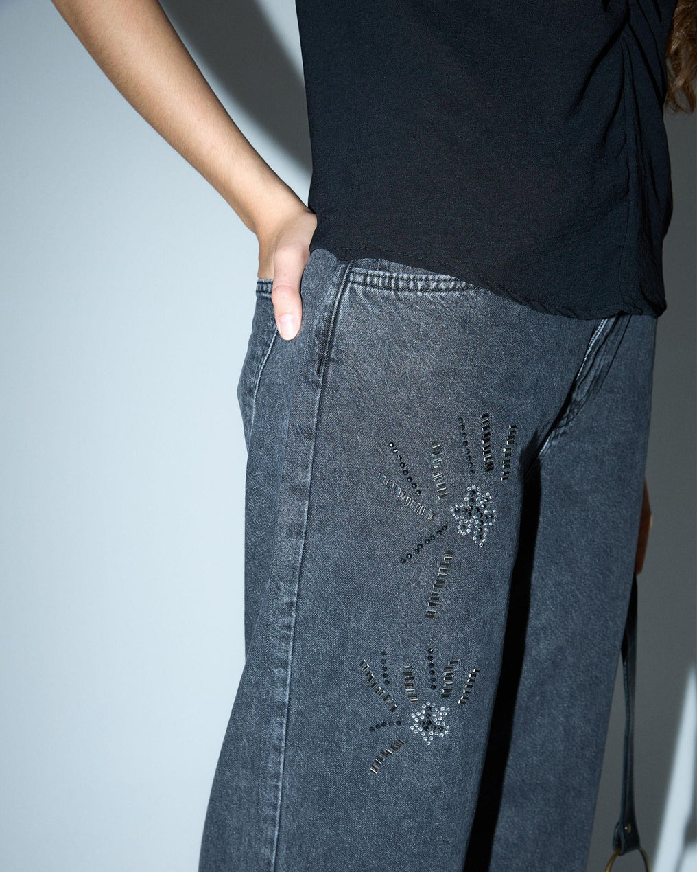 Jeans Bordado Abalorios Negro