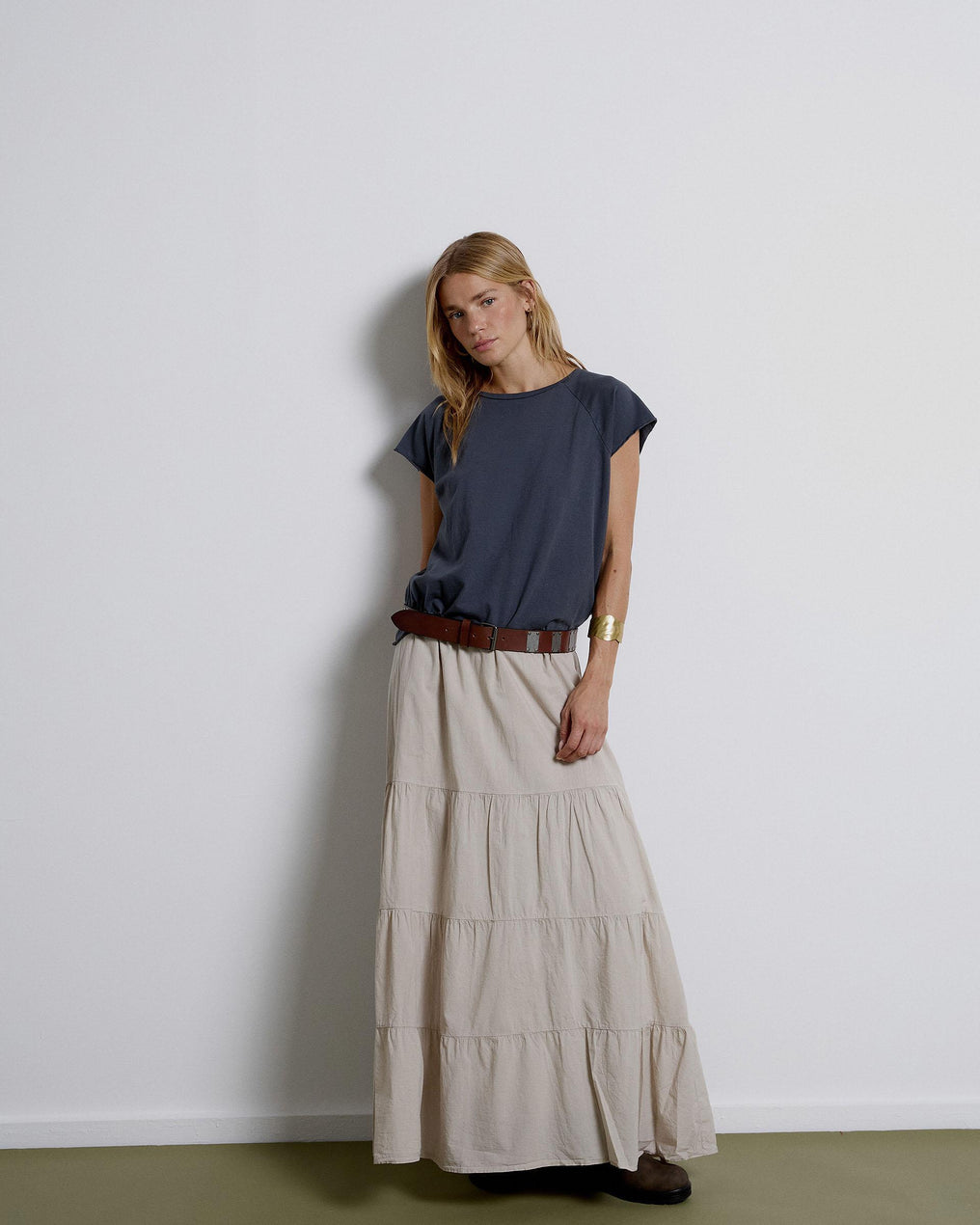 Long Skirt with Ruffles and Beige Bow