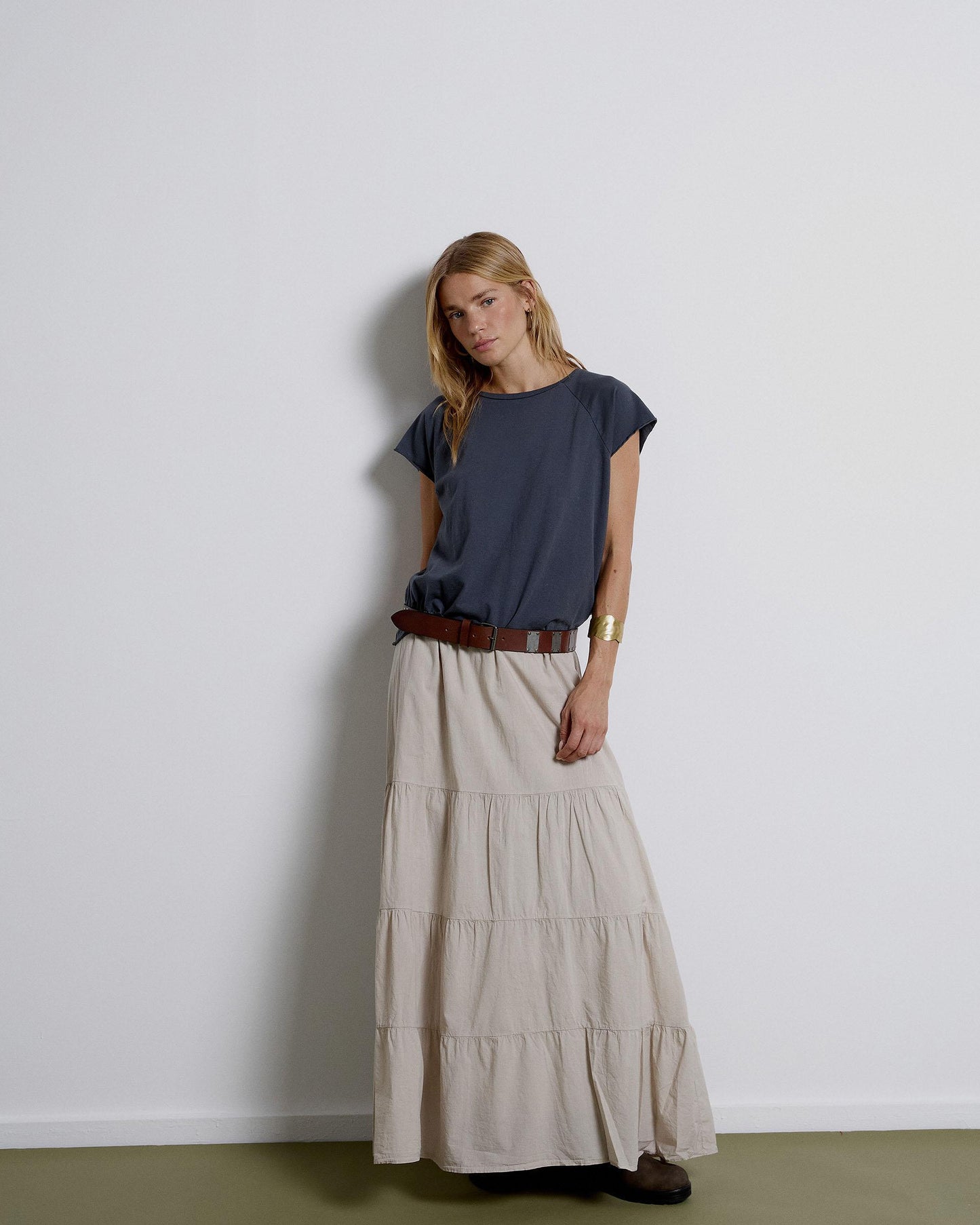 Long Skirt with Ruffles and Beige Bow