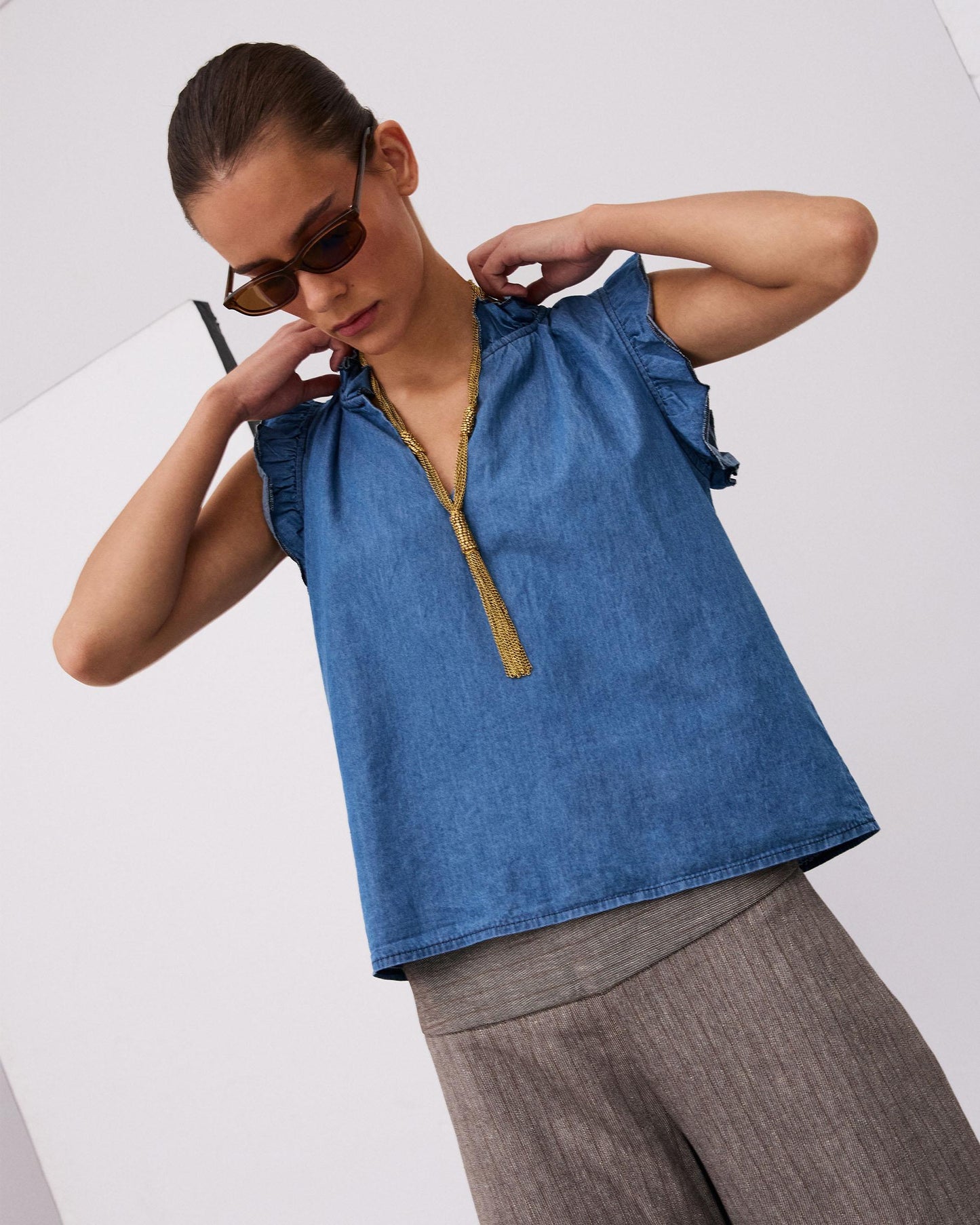 Blusa Sin Mangas Volantes Escote V Tipo Denim Azul Jeans