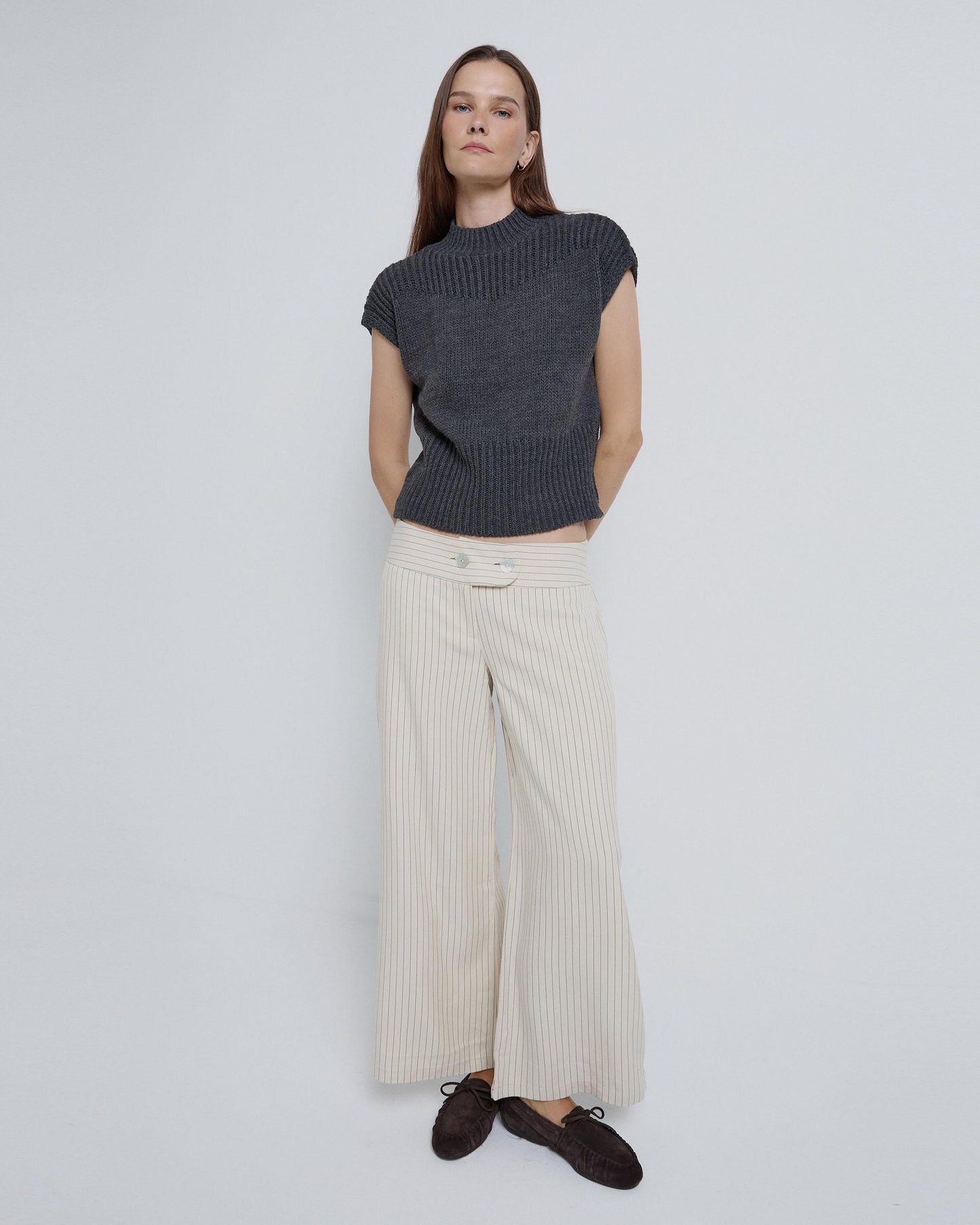 Double Button Striped Pants Ecru