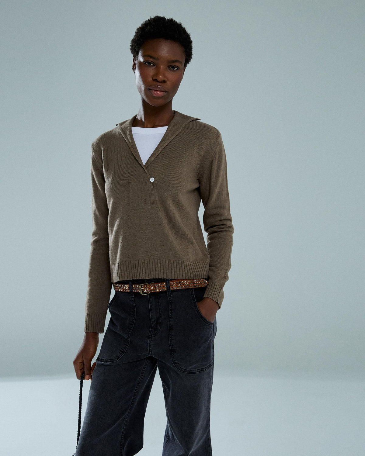 Jersey Cuello Polo Botón Taupe