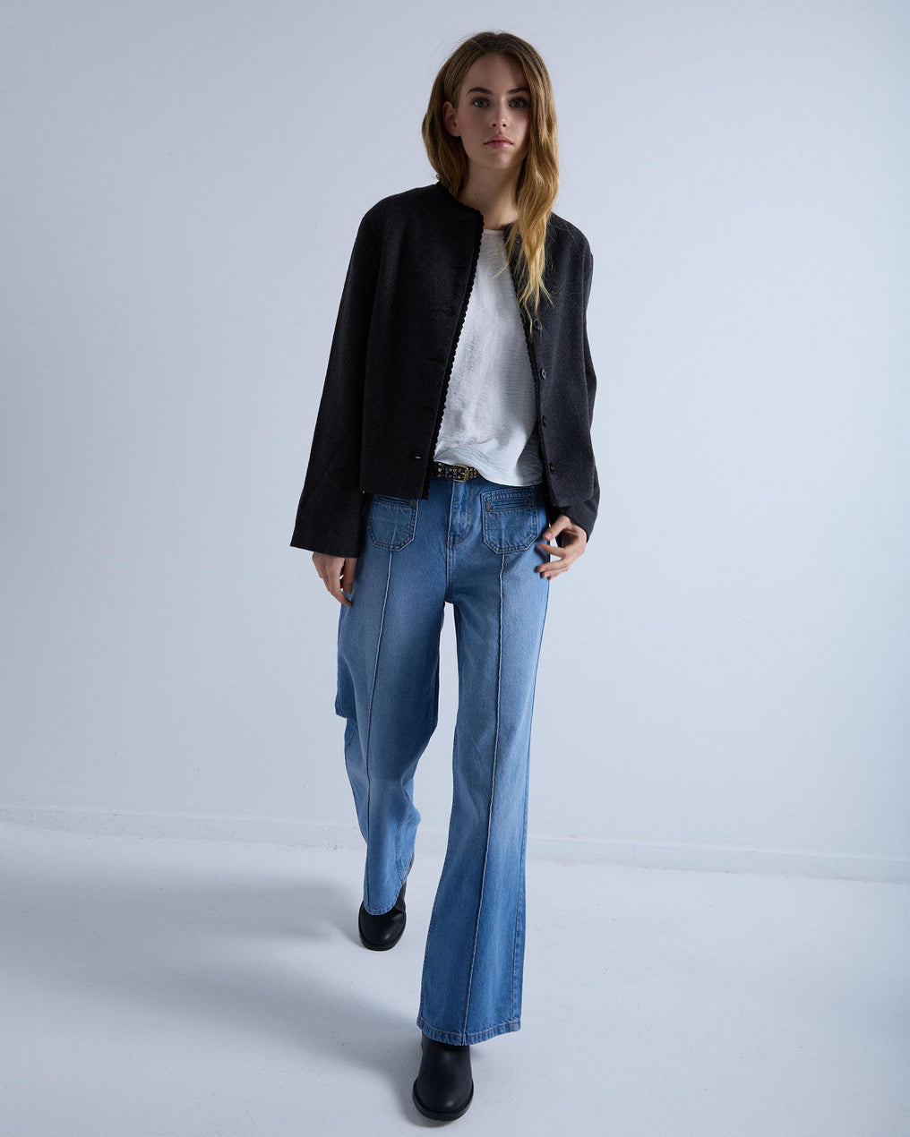 Jeans with Pockets, Wide Leg, Blue Stitching