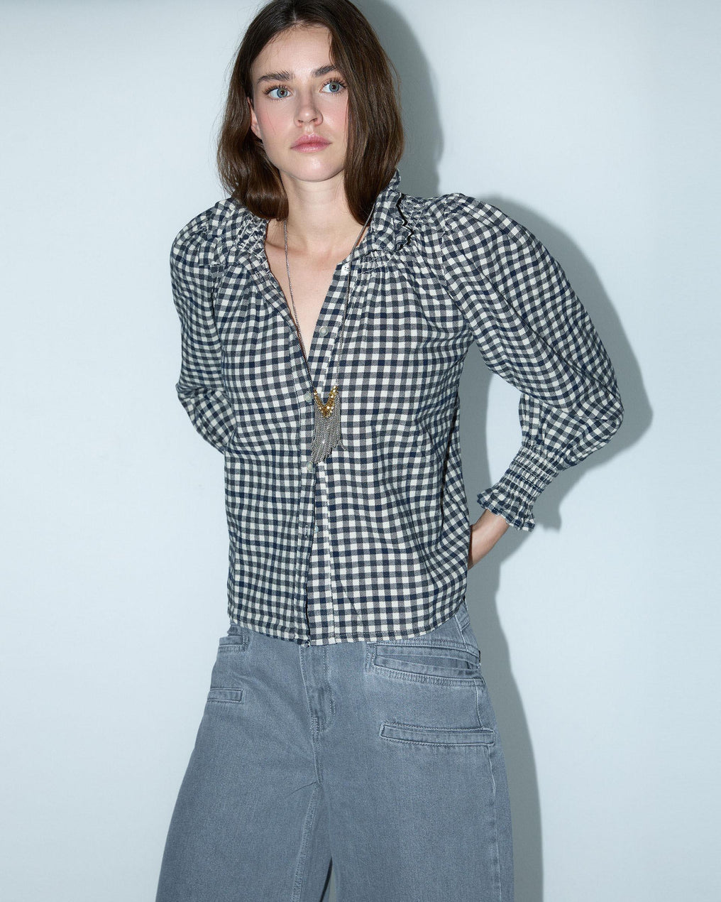 Black Gingham High Neck Blouse