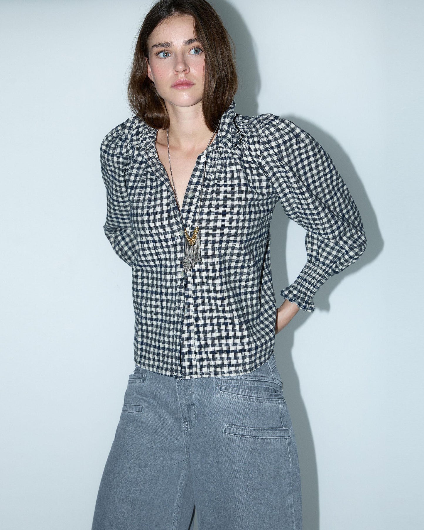 Black Gingham High Neck Blouse