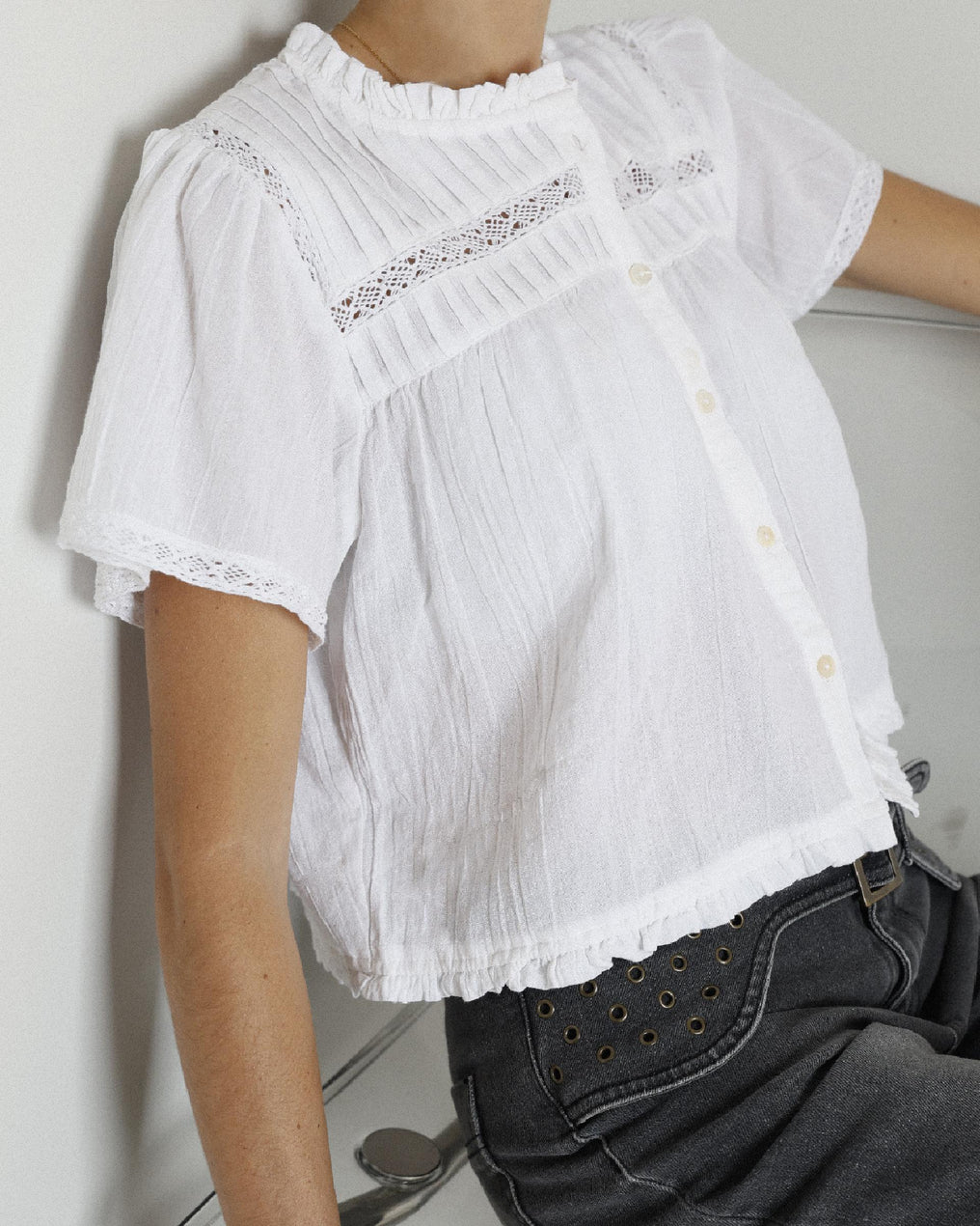 Blusa Manga Corta Puntillas Blanca