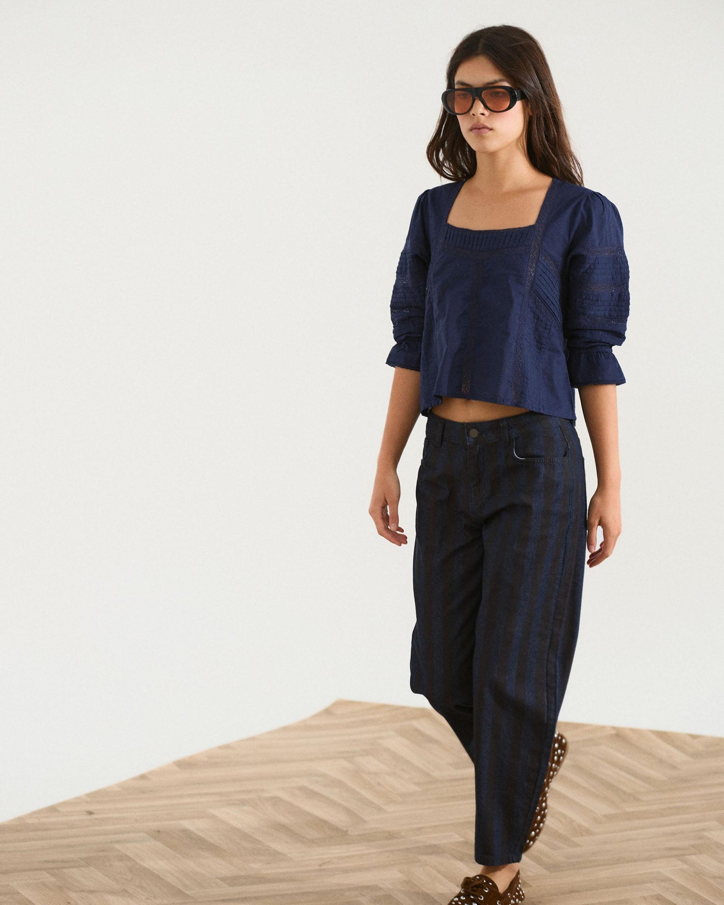 Navy Blue Square Neck Lace Blouse