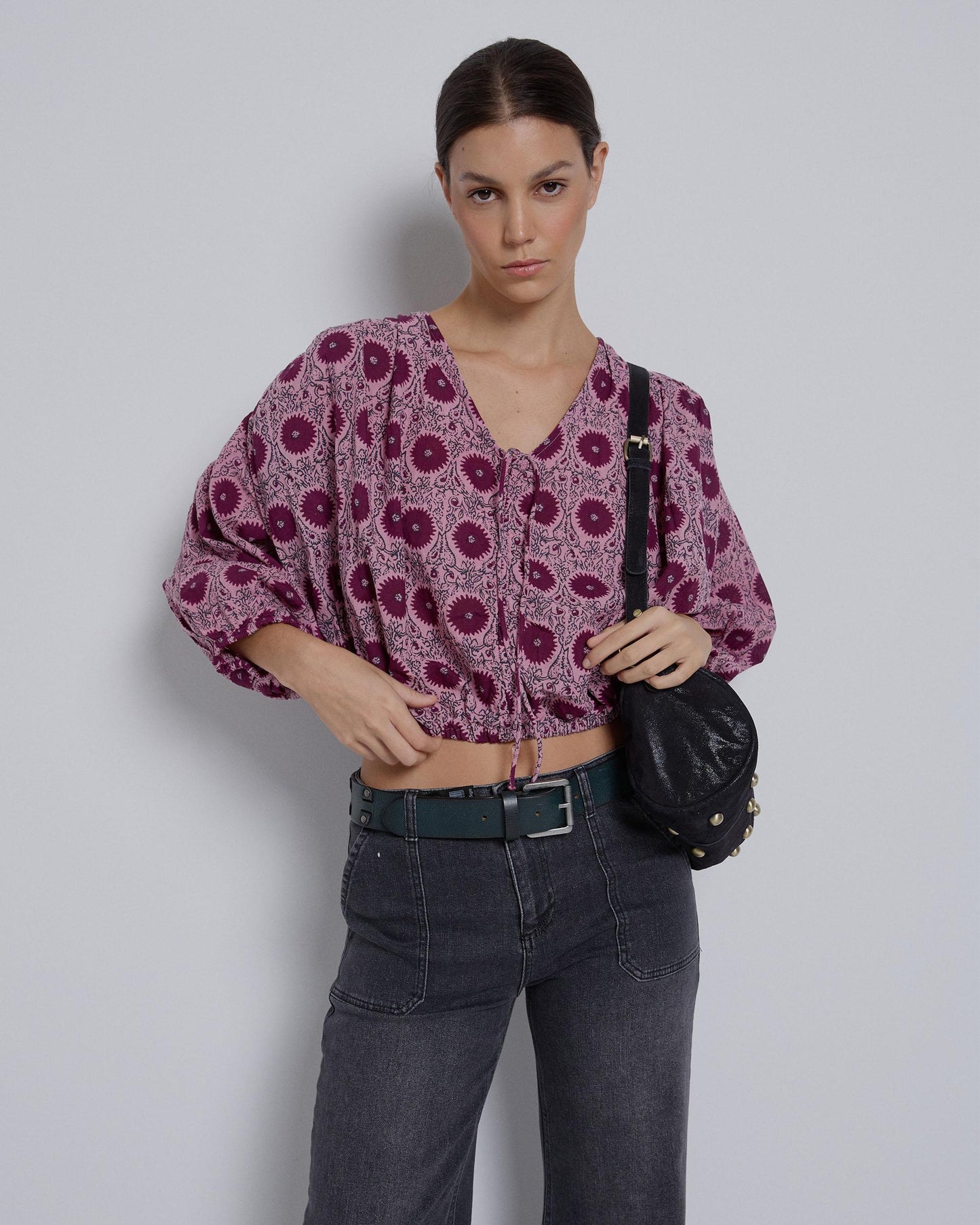 Blusa Frunce Estampada Rosa