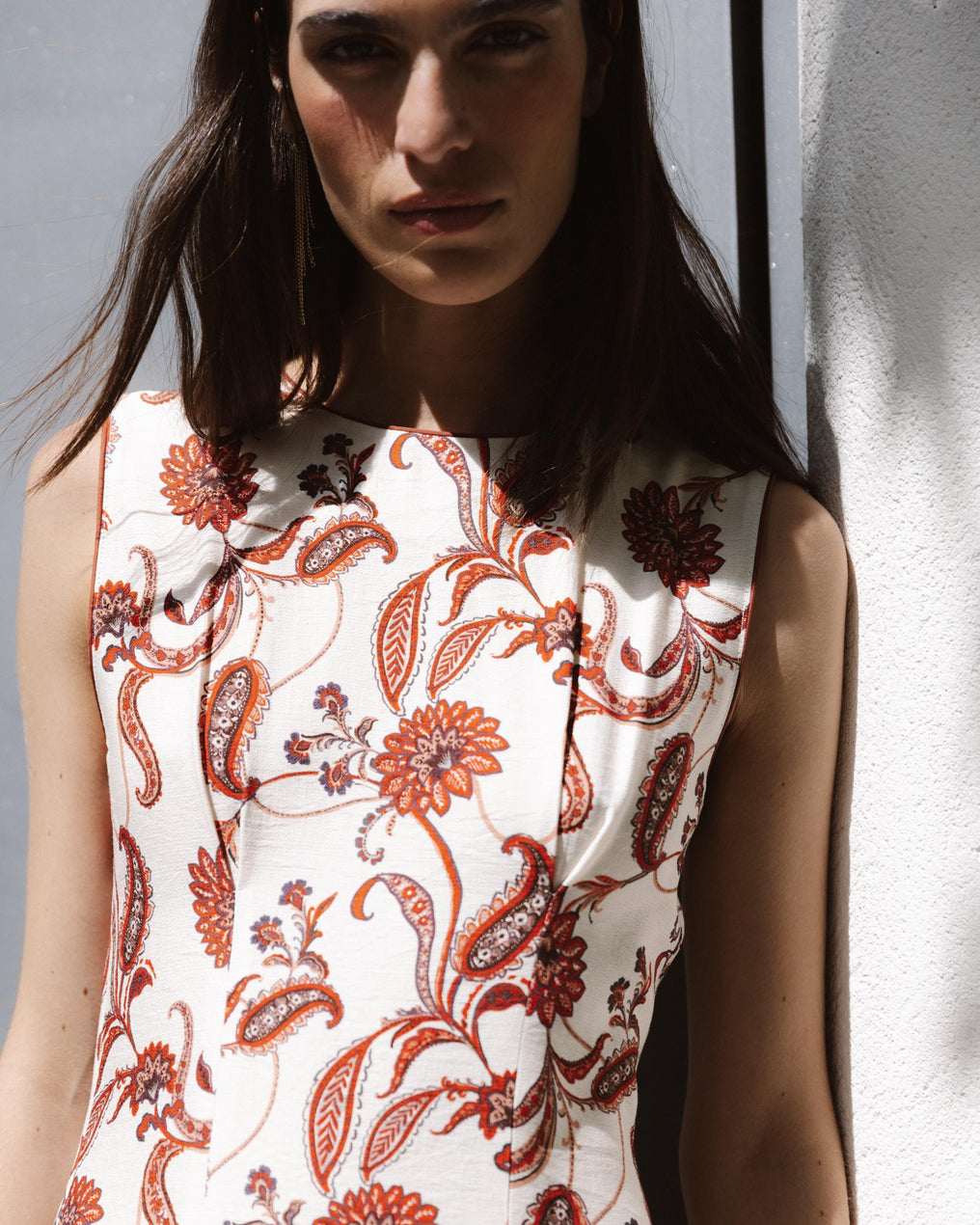 Robe sans Manches Imprimé Floral Écru