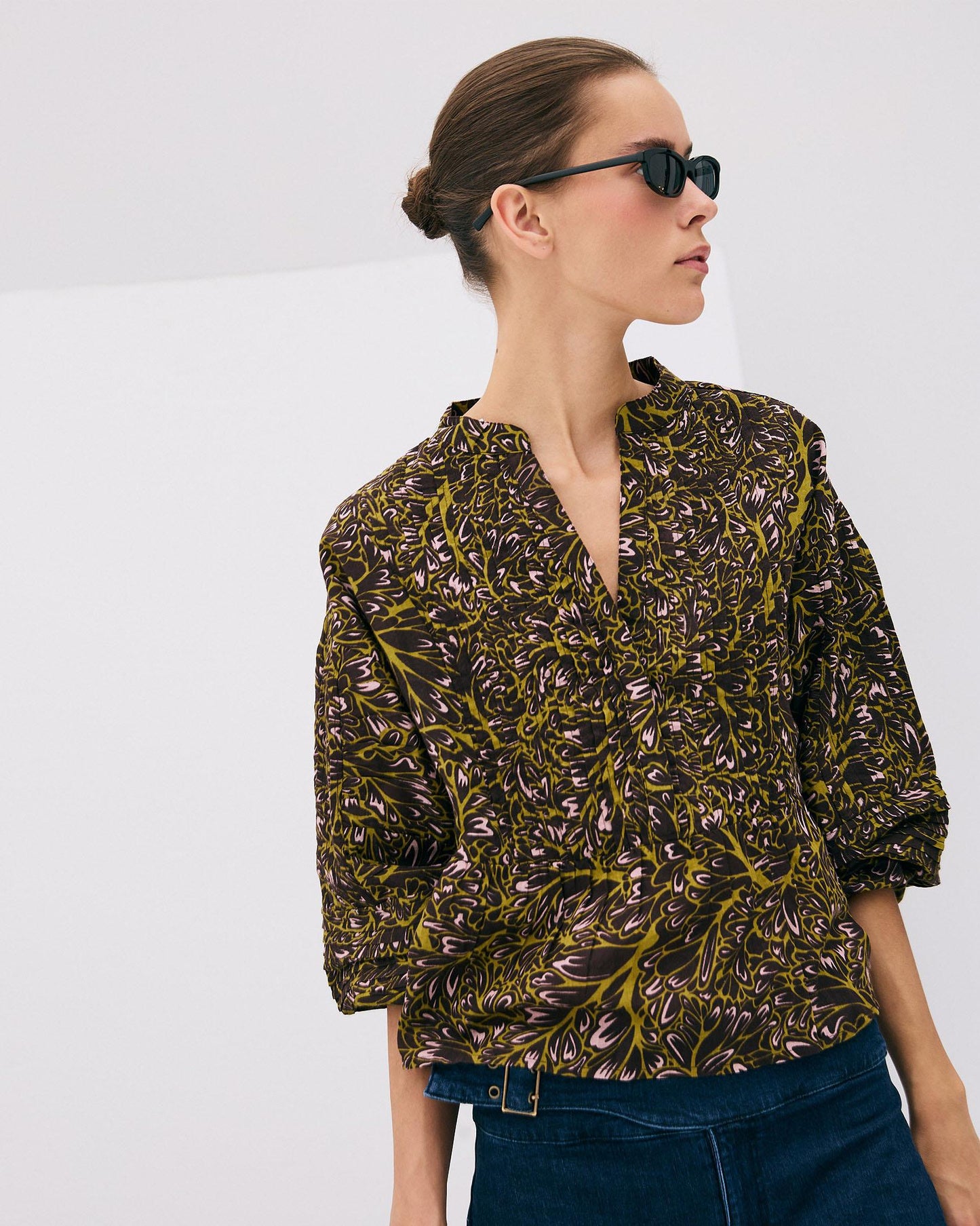 Blusa Botones Delanteros Estampada Marrón