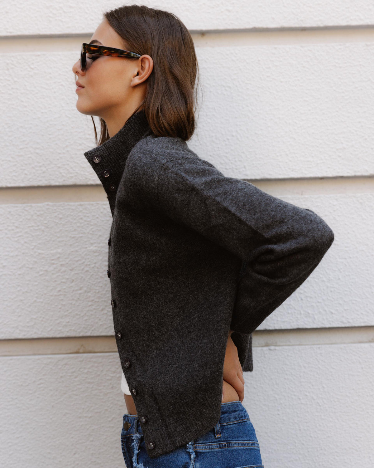 Chaqueta Cuello Alto Botones Antracita