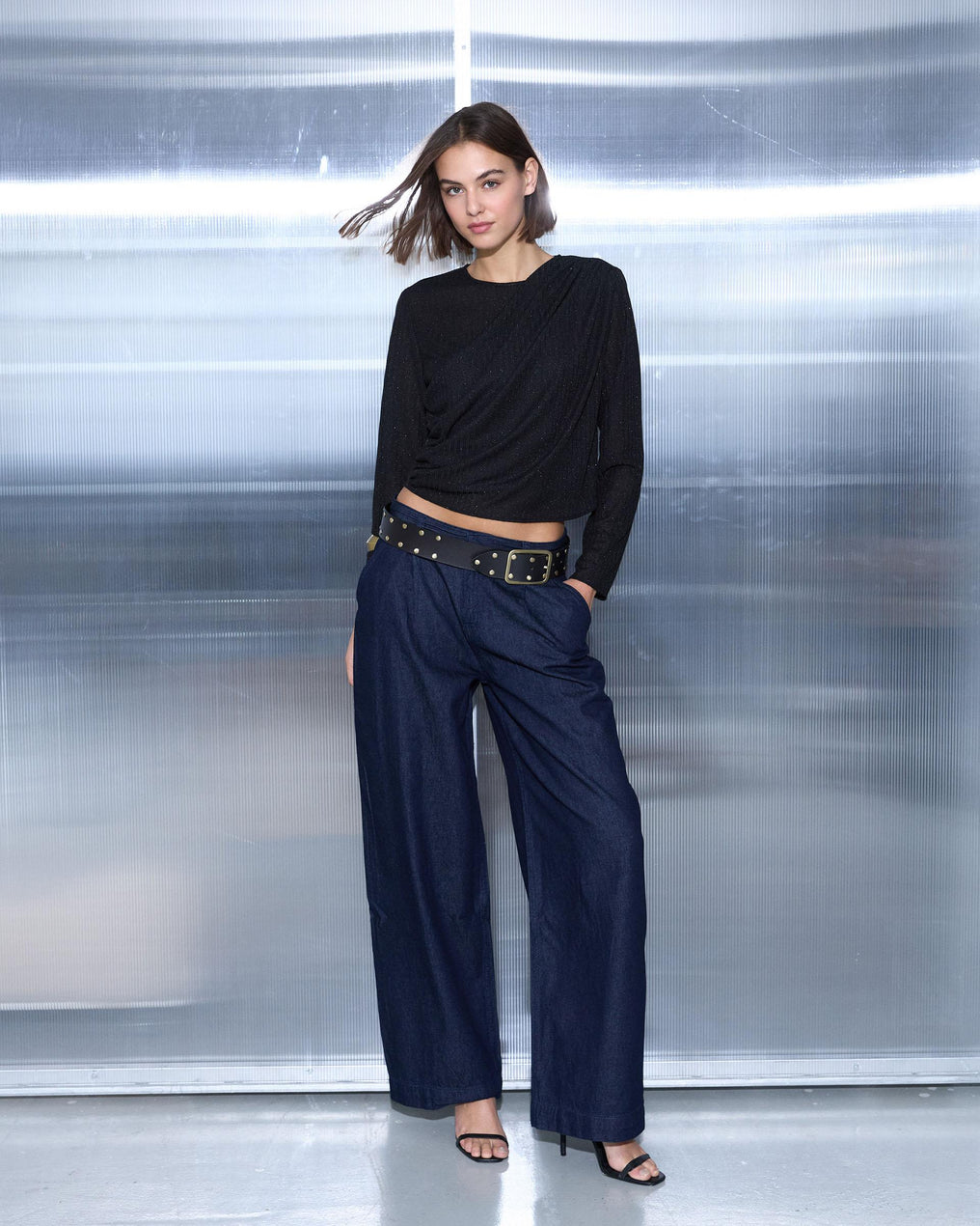 Blusa drapeada de lurex preta