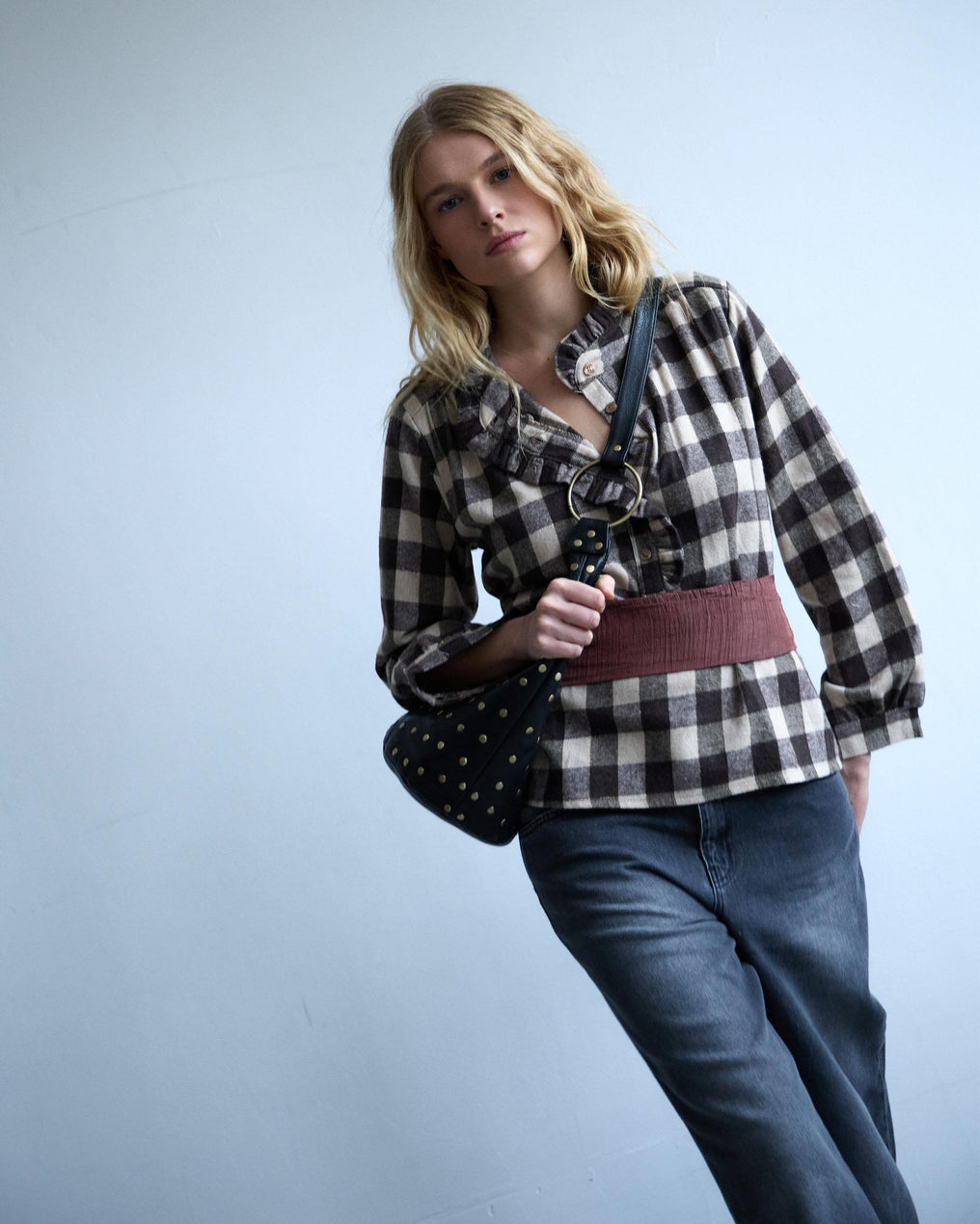 Brown Gingham Blouse with Ruffle